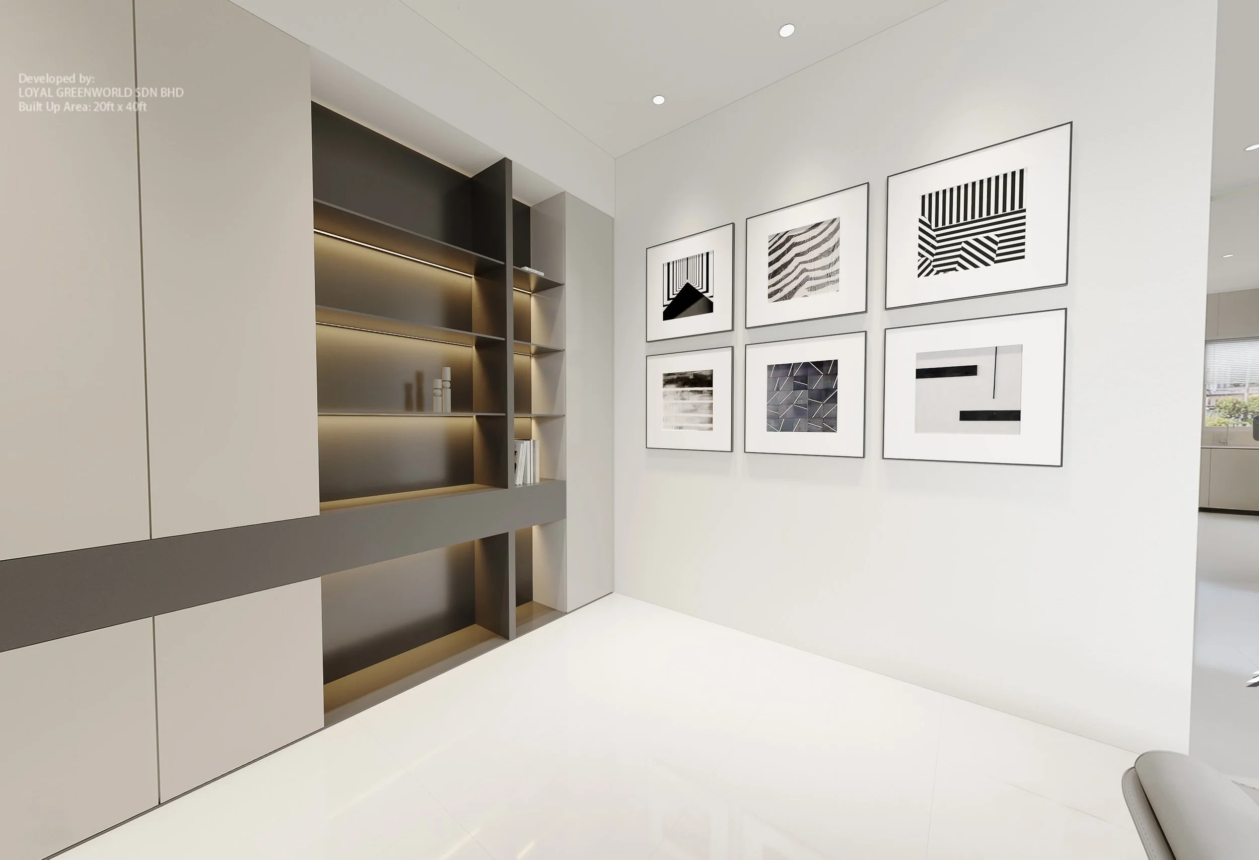 Modern minimalist living room with a white wall featuring six framed black-and-white abstract art pieces, a built-in wall unit with open shelves and closed cabinets in shades of gray and beige, and a corner of a gray chair visible in the bottom right