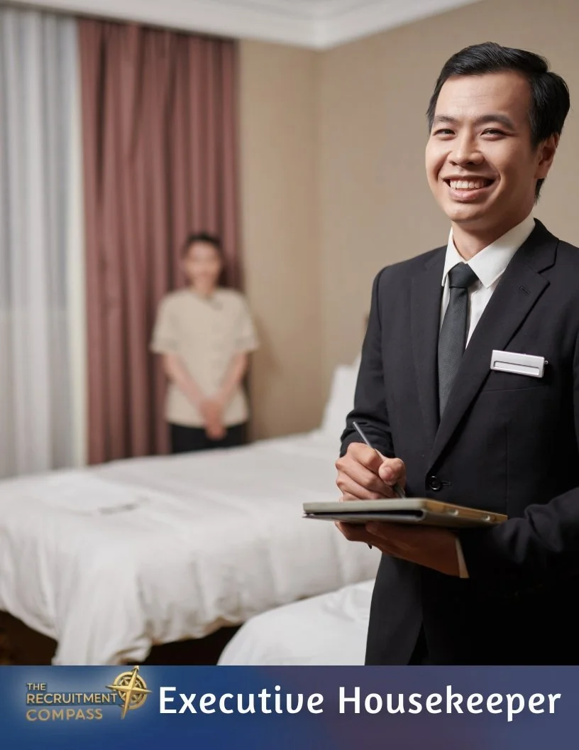 A smiling man in a black suit and tie, holding a notepad and pen, standing in a hotel room with a woman in the background near the bed. The text at the bottom reads 'Executive Housekeeper' and 'The Recruitment Compass'.
