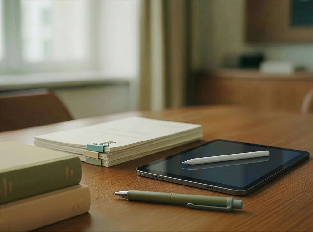 A wooden desk with a tablet and stylus, a pen, a stack of books, and a folder with papers.