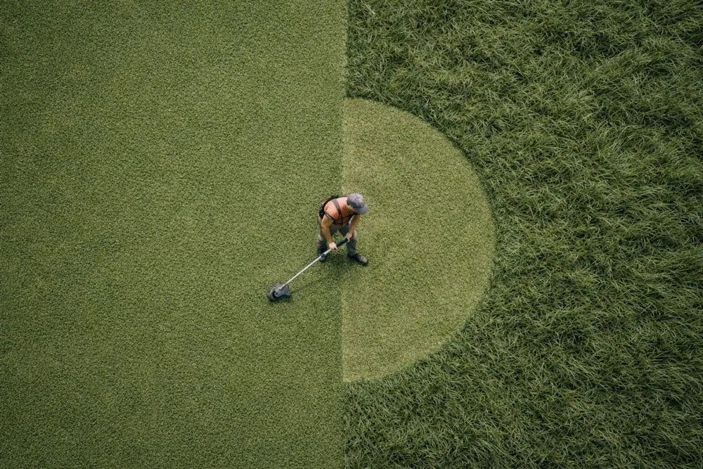 A person mowing a large grassy field with a light green grass on the left and taller darker grass on the right.