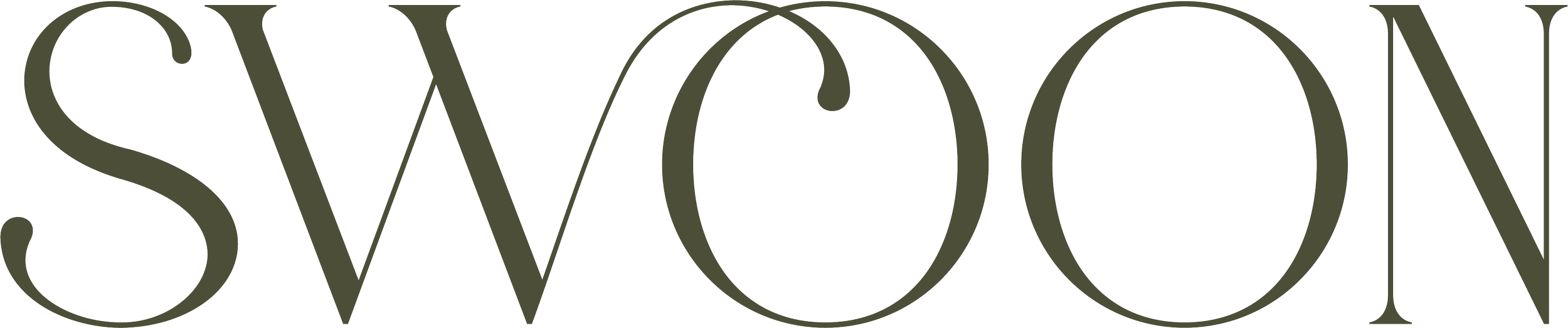 Close-up of the word "SWOON" in a stylized font, with the letters in dark gray and a decorative, elegant style.