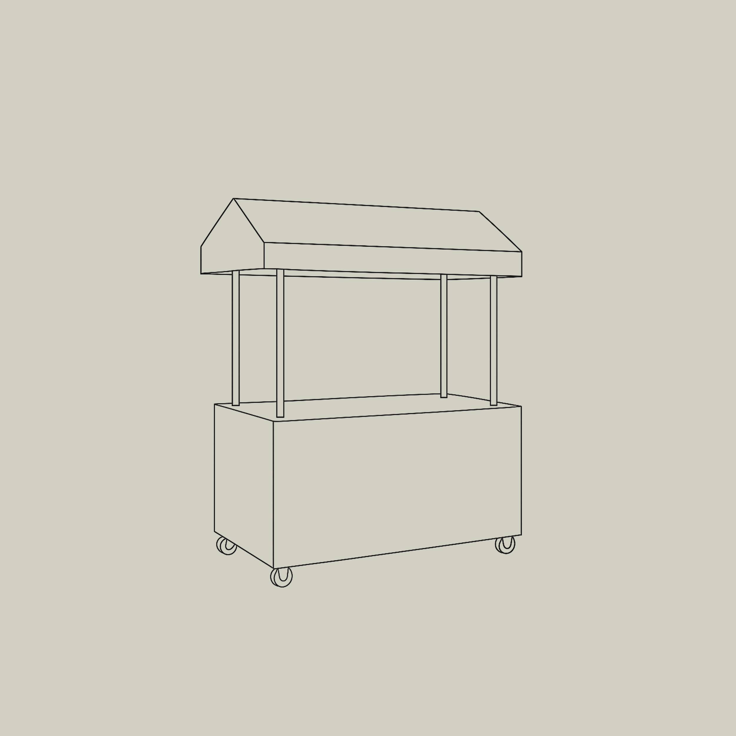 Line drawing of a mobile medical cart with wheels and multiple shelves.