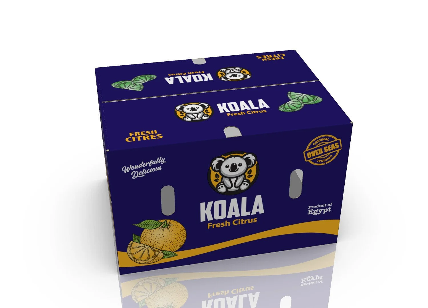 A blue box of Koala Fresh Citrus fruit with a cartoon koala bear logo, green citrus leaves and yellow citrus fruit illustrations, and text indicating it's a product of Egypt with a sea voyage theme