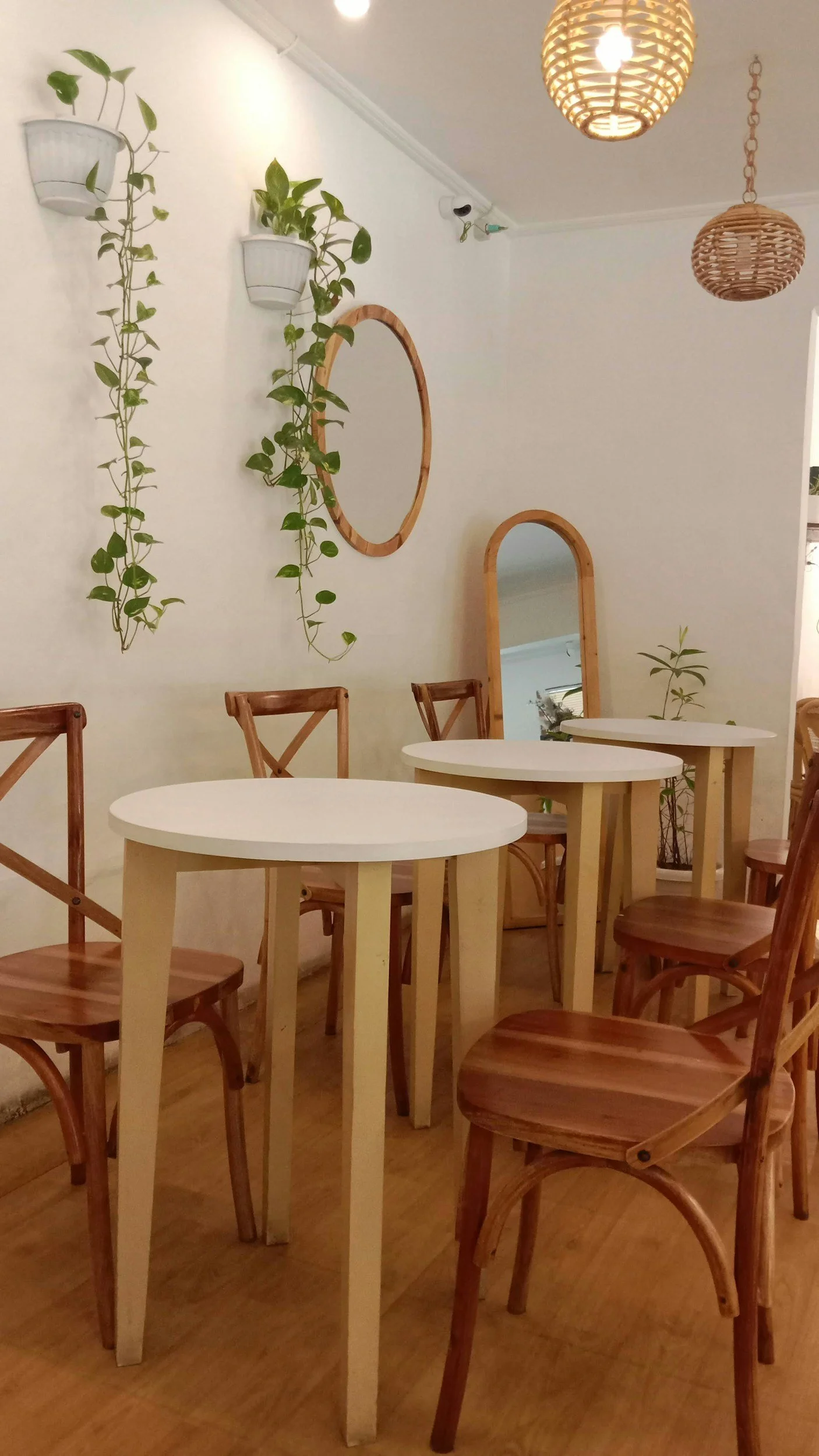 Interior of a cozy cafe with round white tables and wooden chairs, decorated with hanging potted plants, circular mirrors, and wicker pendant lights.