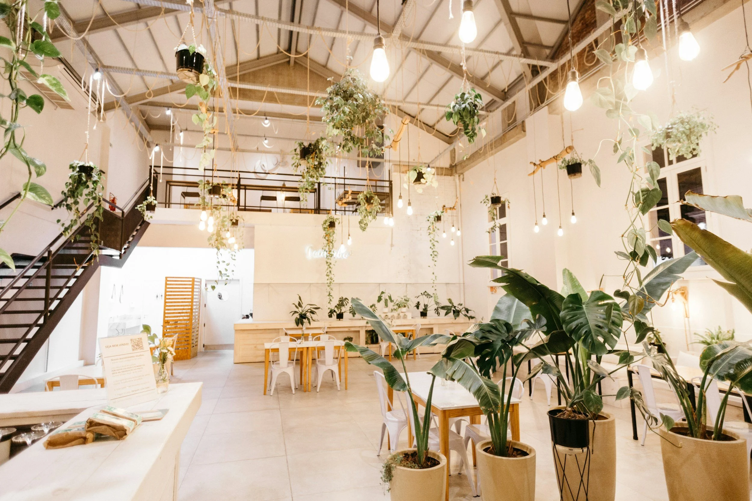 An indoor space with a high ceiling, hanging light bulbs, and various potted plants, featuring white and wooden furniture, creating a cozy and botanical ambiance.