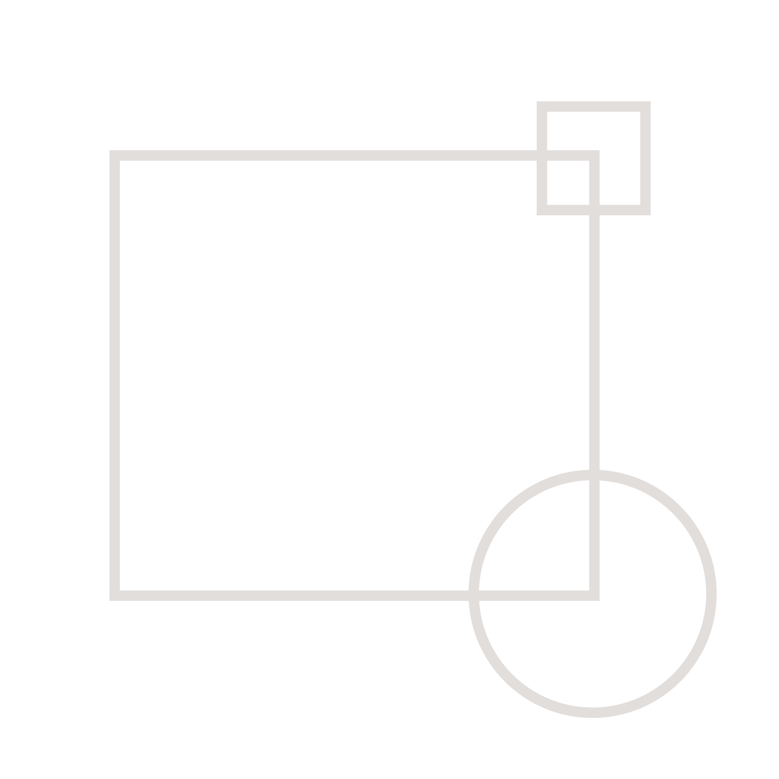 Minimalist geometric logo with a large square, a smaller overlapping square, a semi-circle, and a rectangle on a black background.