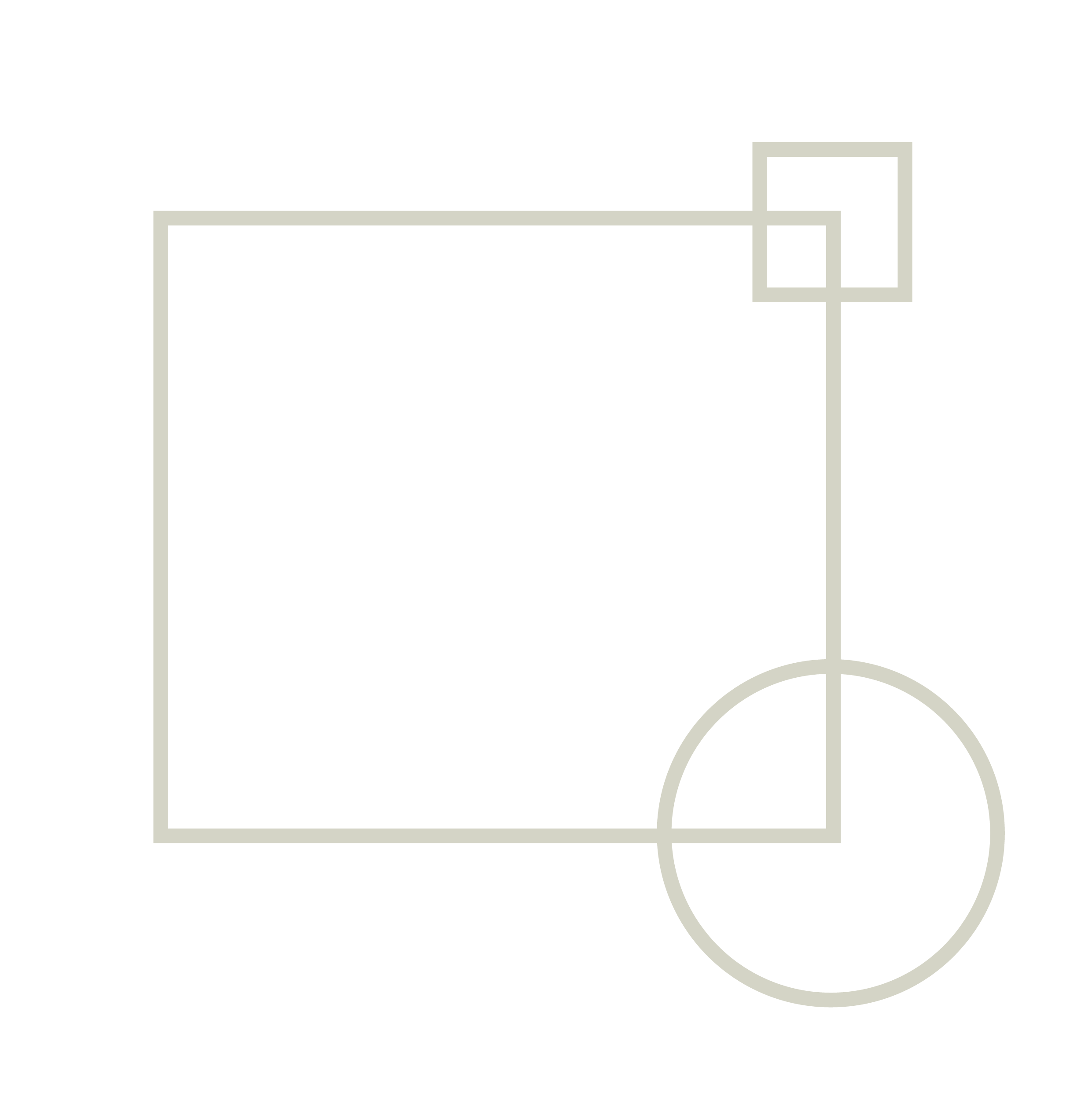 Line drawing of geometric shapes including a large square, a smaller square attached to the top right corner, and a circle intersecting the bottom right corner of the square, all on a black background.