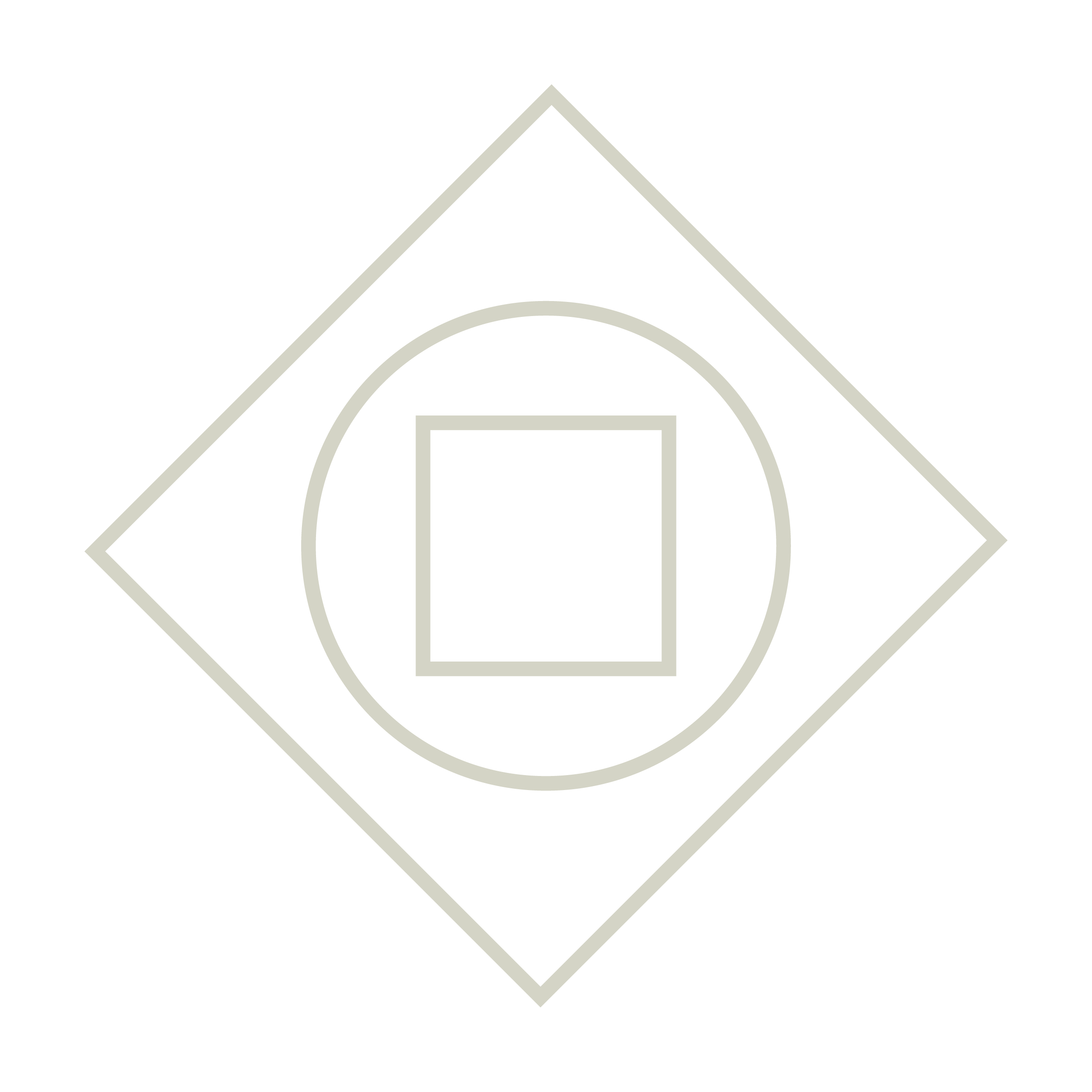 A black background with a white geometric design consisting of a diamond shape, a circle, and a rectangle.