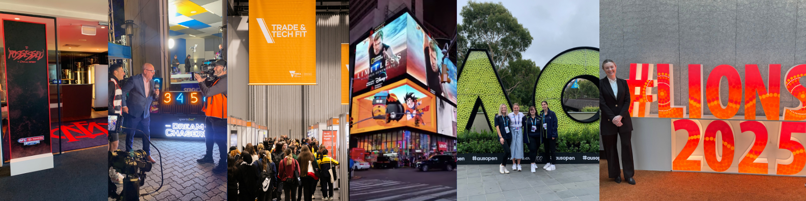 Six sections of various scenes from an event or convention, including digital displays, crowds, billboards, and people posing in front of a sign that reads '#ALLIONS 2025'.