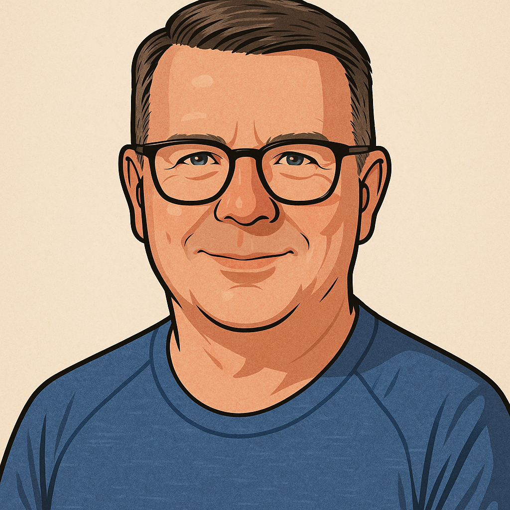 A digital illustration of a man with glasses, smiling, wearing a blue shirt, with short dark hair and light skin.