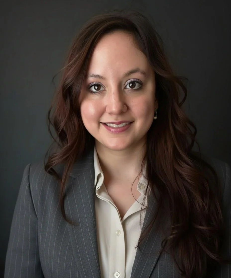 Professional woman with wavy brown hair wearing a pinstripe blazer and a cream blouse against a dark background.