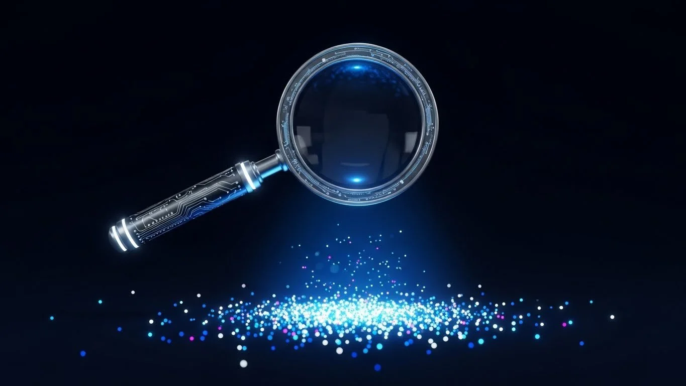 Digital magnifying glass searching through scattered data particles, symbolizing the challenge of finding security threats amidst low-value log noise.