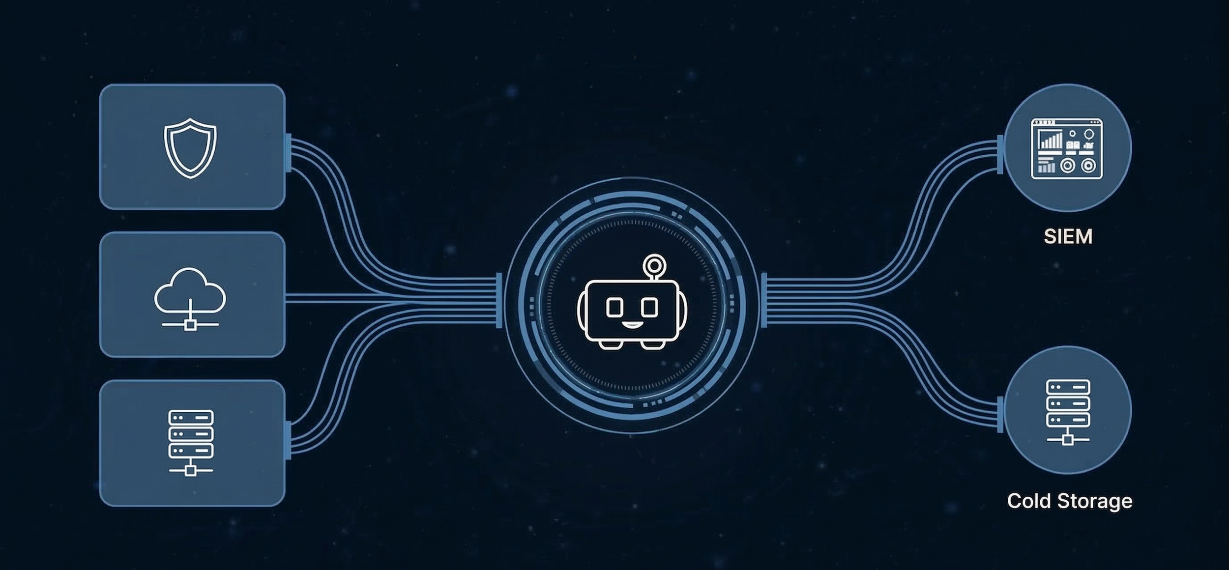 Diagram illustrating intelligent telemetry data routing, where data from sources like cloud and servers is purified and directed to either SIEM for real-time analysis or cold storage for long-term retention.
