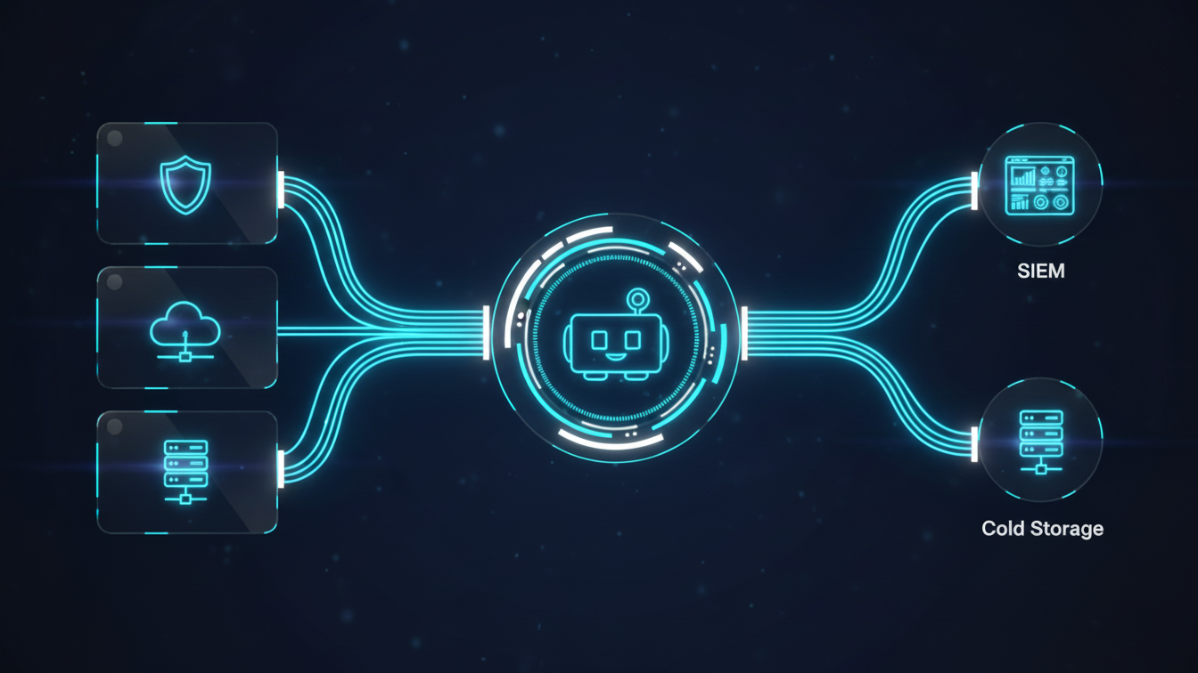 DataForces architecture diagram: Intercepting telemetry to route noise to cold storage and high-value threats to SIEM.