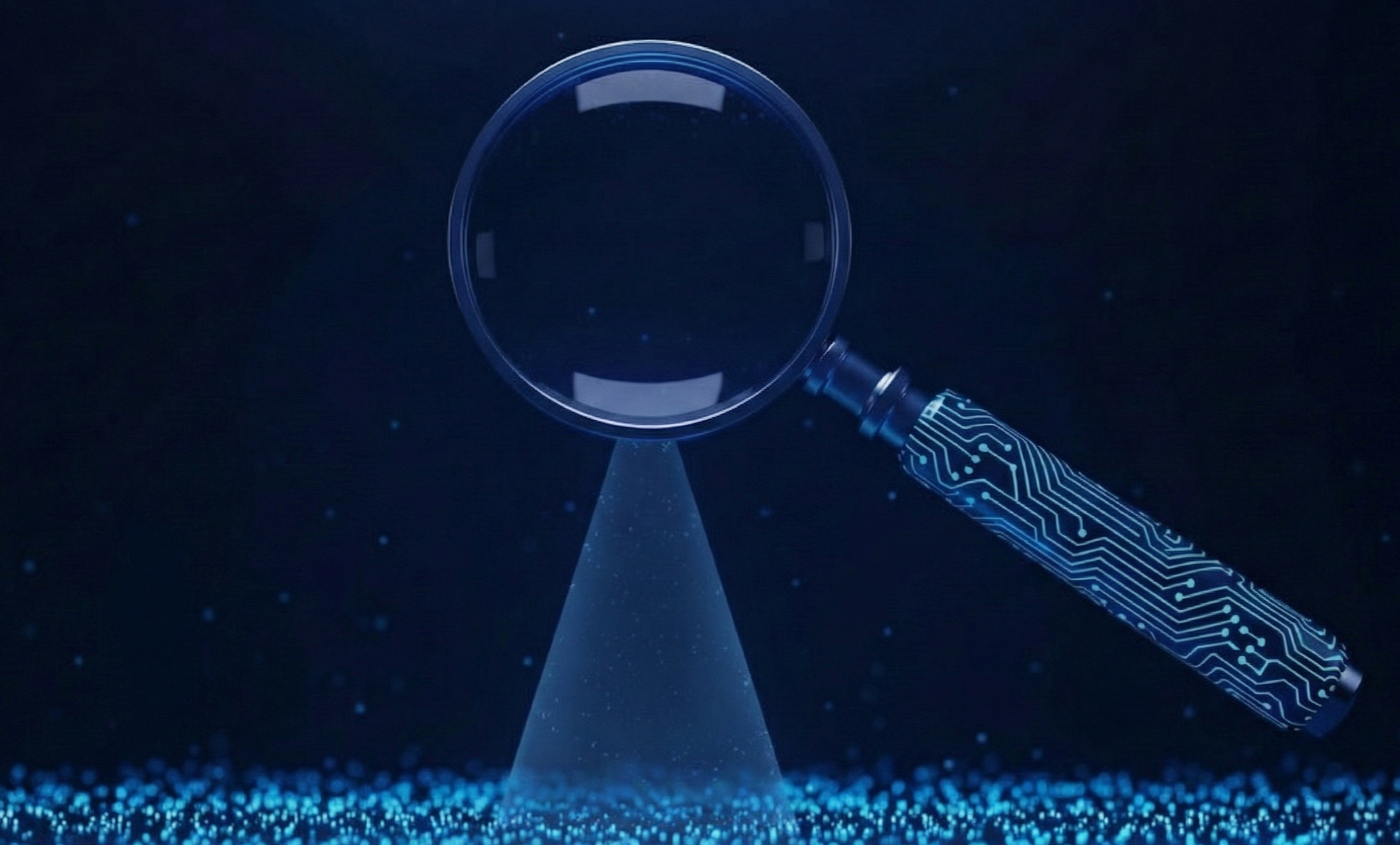 Digital magnifying glass searching through scattered data particles, symbolizing the challenge of finding security threats amidst low-value log noise.