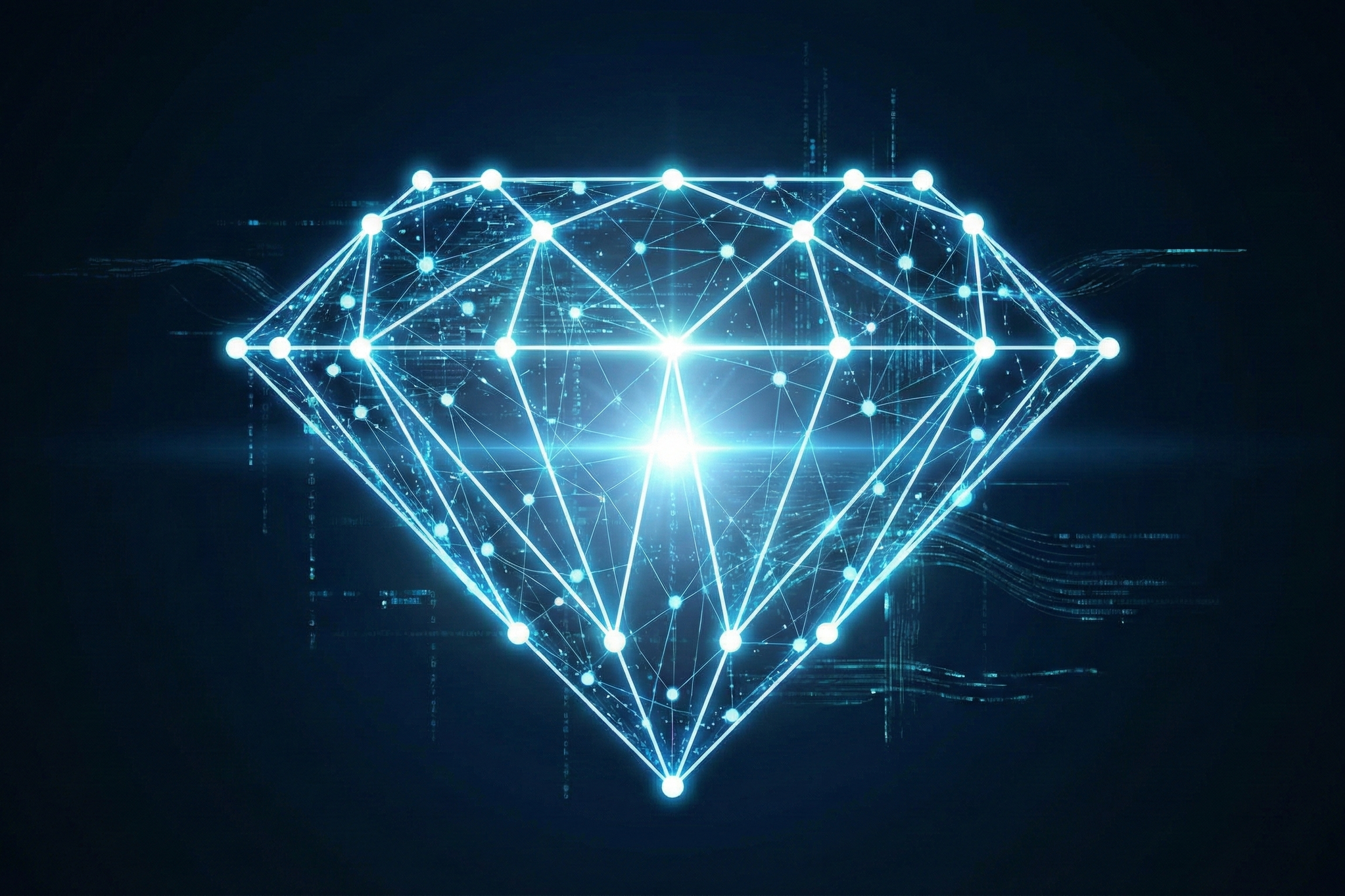 Glowing blue digital diamond icon formed by a data network, symbolizing the DataForces core value of Excellence and data purification.
