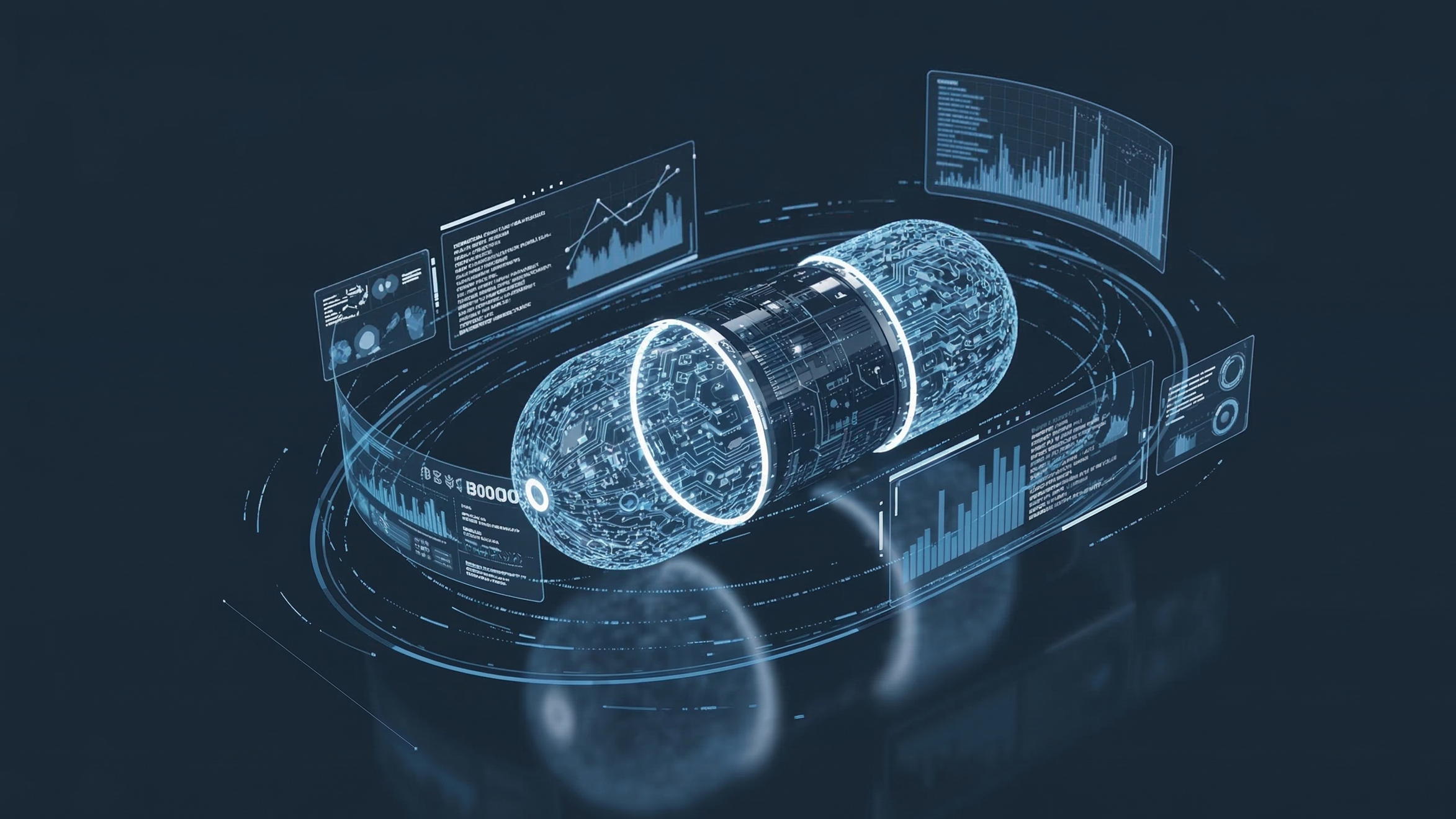 Futuristic data capsule with stripped outer layers, visualizing the trimming of JSON payloads and removal of heavy metadata to reduce log size.