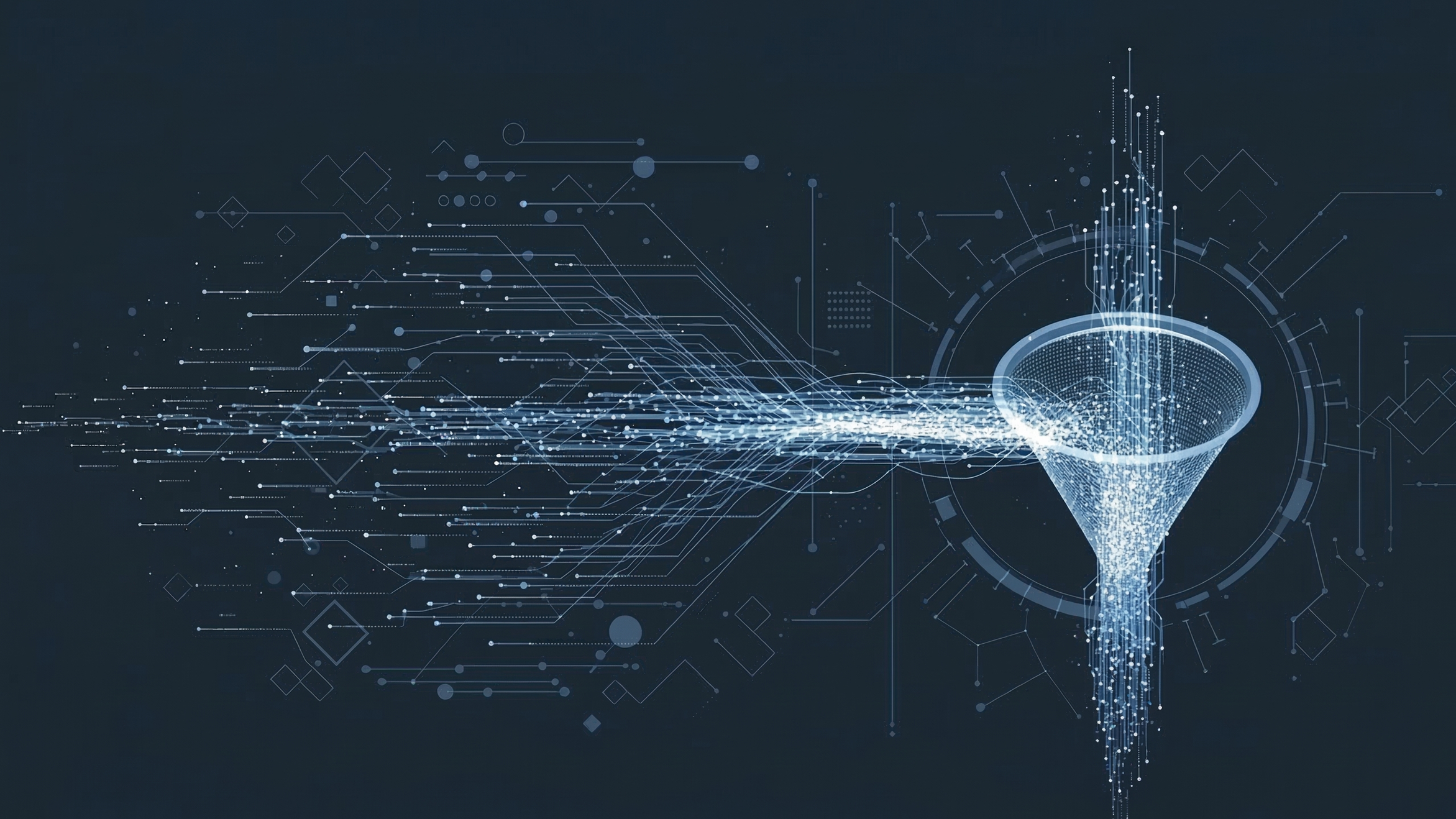 Digital funnel illustration filtering high-volume data streams, representing the instant removal of operational noise and repetitive logs