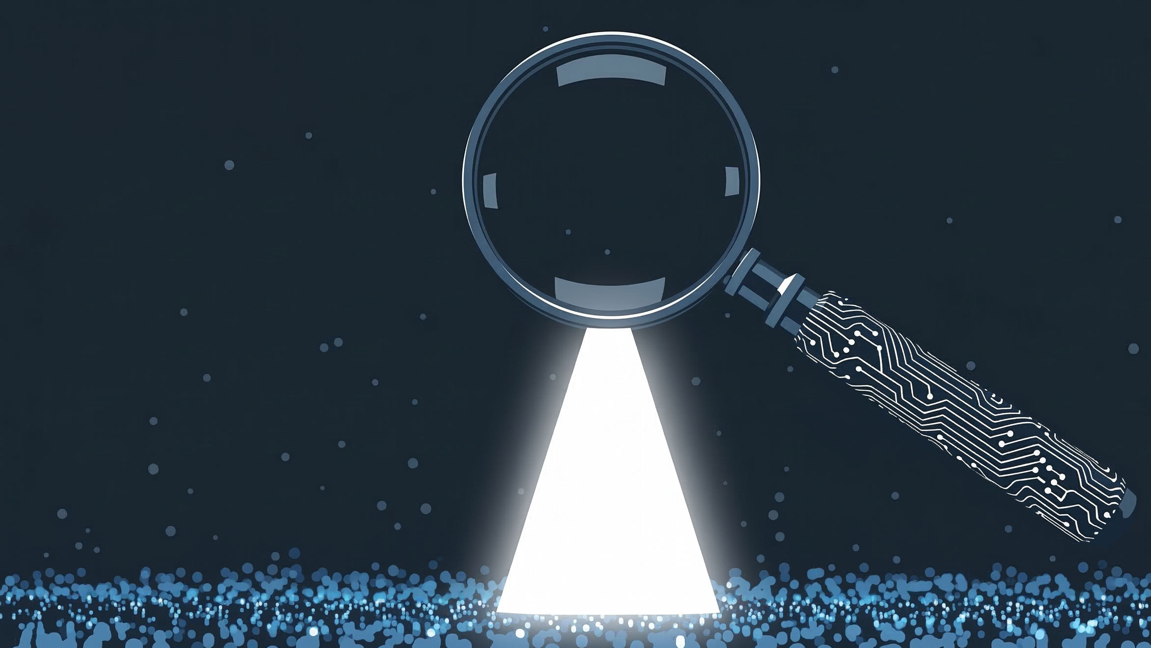 Digital magnifying glass searching through scattered data particles, symbolizing the challenge of finding security threats amidst low-value log noise.