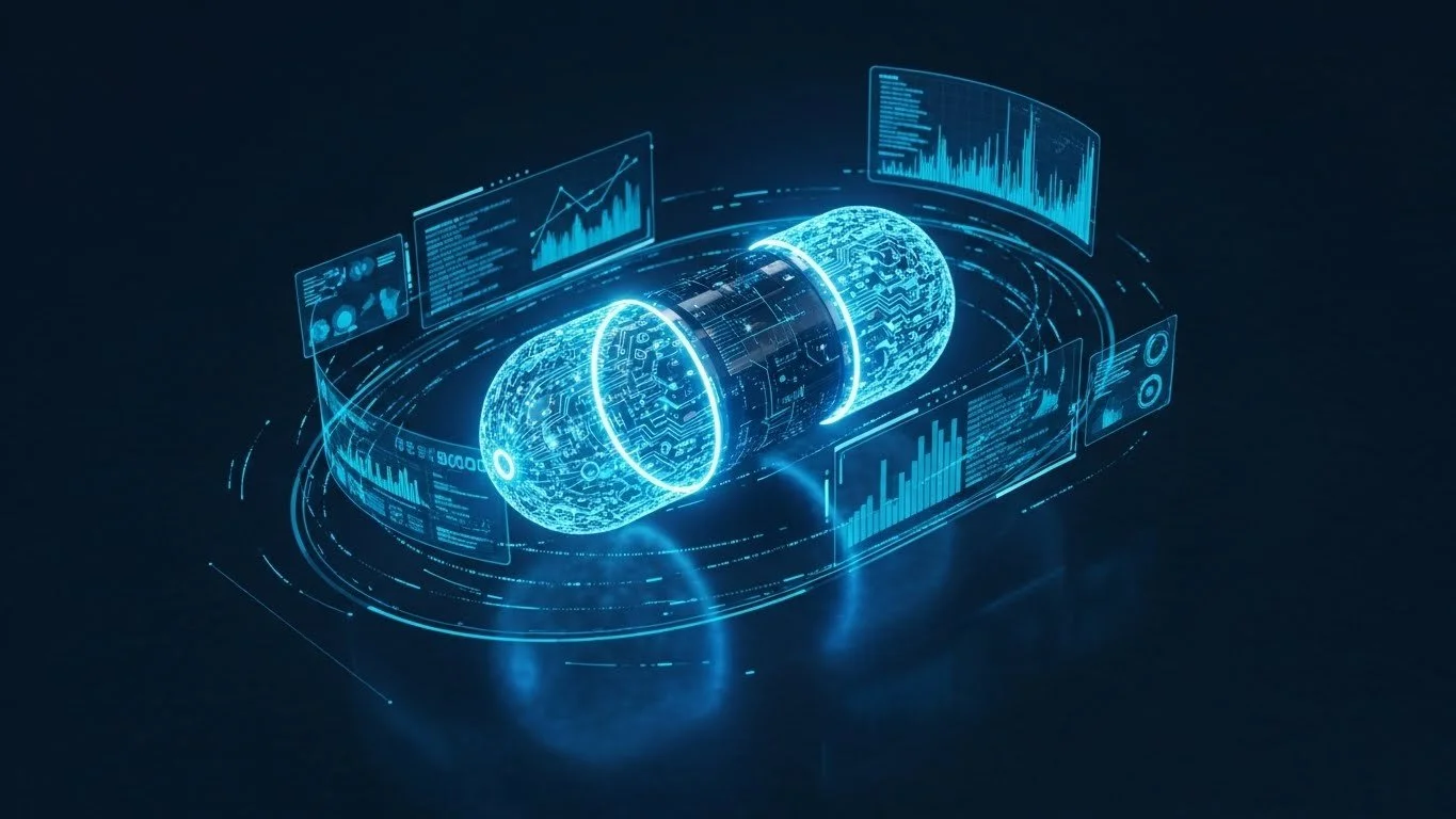Futuristic data capsule with stripped outer layers, visualizing the trimming of JSON payloads and removal of heavy metadata to reduce log size.