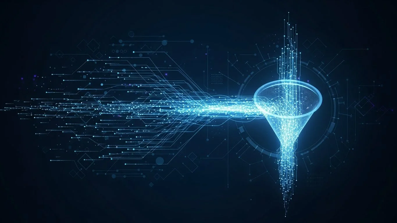 Digital funnel illustration filtering high-volume data streams, representing the instant removal of operational noise and repetitive logs