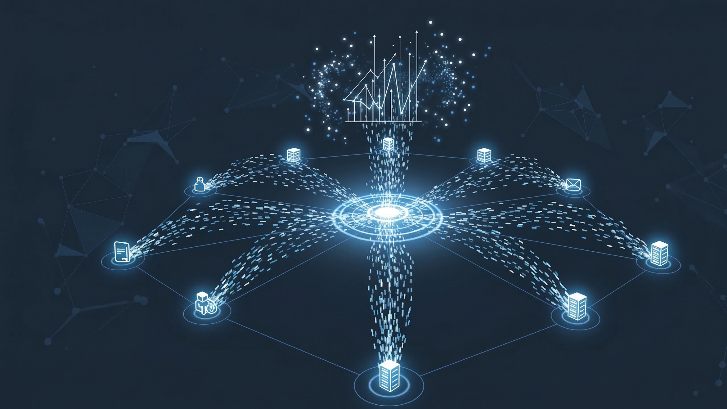 Network nodes converging into a central beam, illustrating intelligent log aggregation where millions of repetitive events are compressed into single summary metrics.