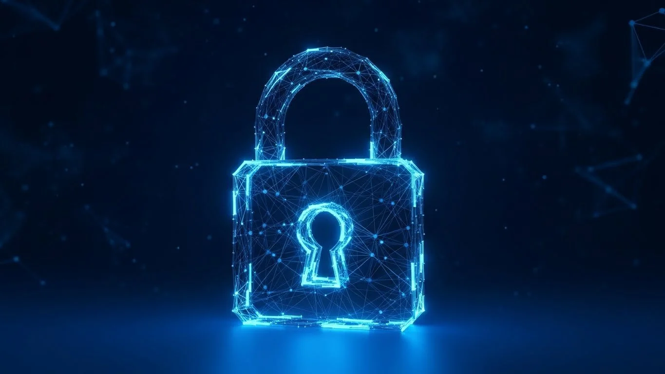 Glowing digital padlock icon representing data retention policies, compliance logging, and secure storage requirements.