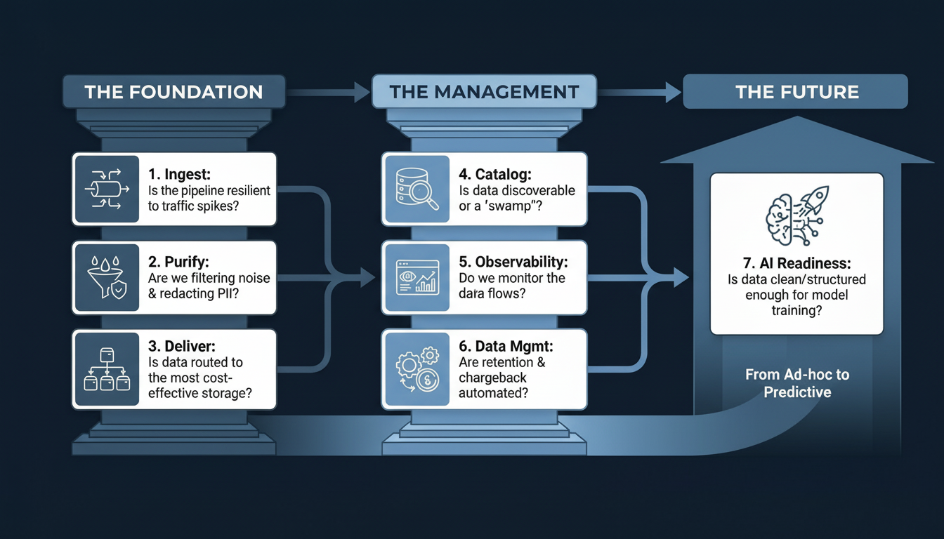 Infographic showing the 7 pillars of telemetry maturity, progressing from foundational data ingestion to AI readiness.