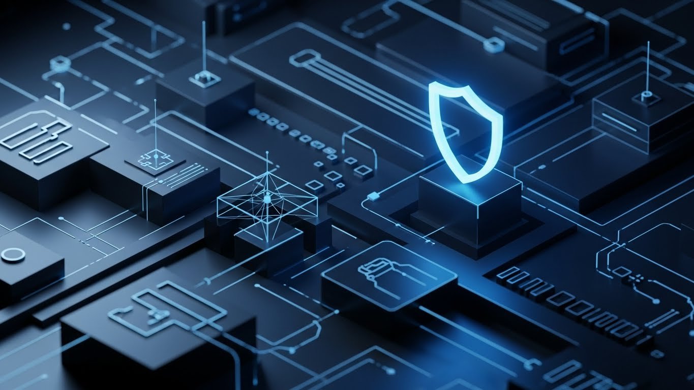 Digital cybersecurity shield icon on a circuit board representing the DataForces heritage in secure data pipelines and service intelligence.