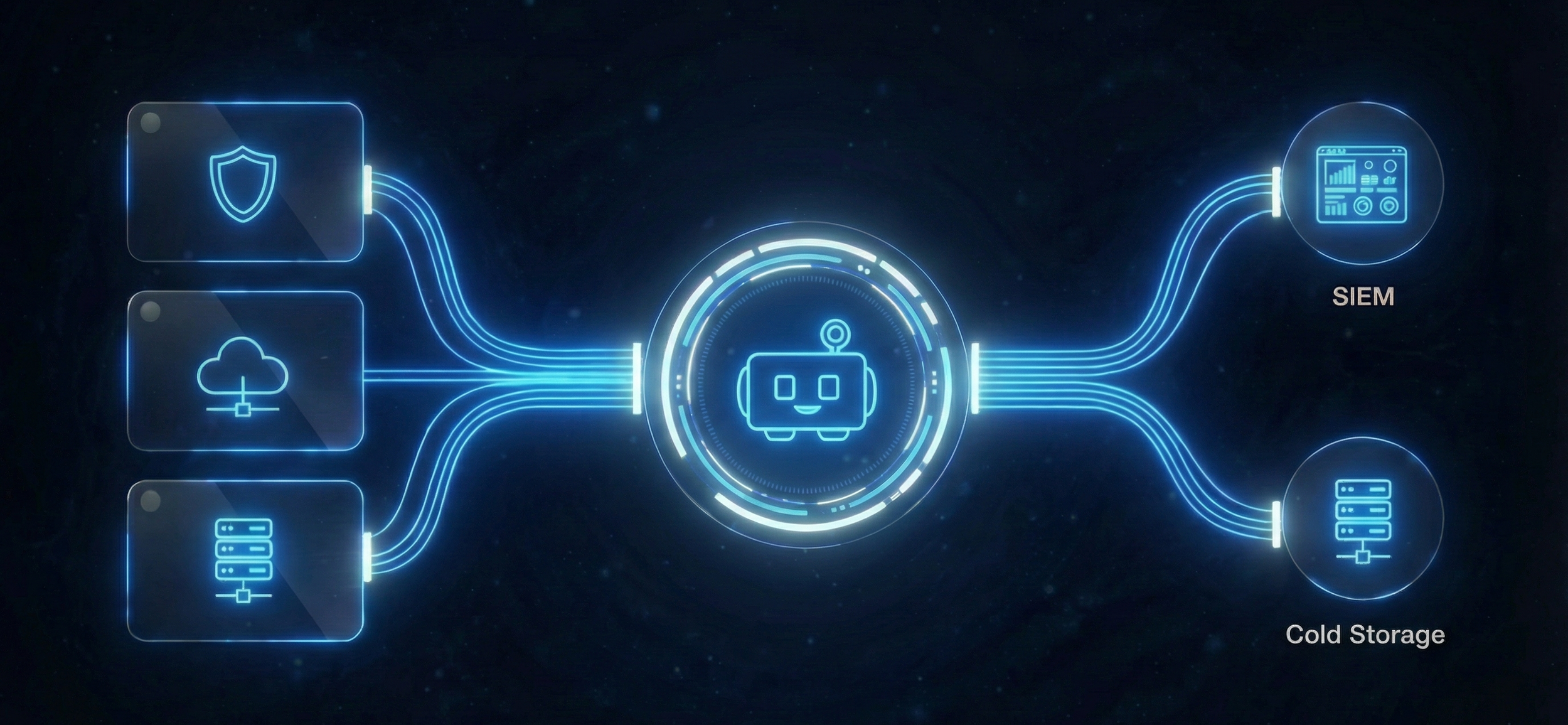 Diagram illustrating intelligent telemetry data routing, where data from sources like cloud and servers is purified and directed to either SIEM for real-time analysis or cold storage for long-term retention.