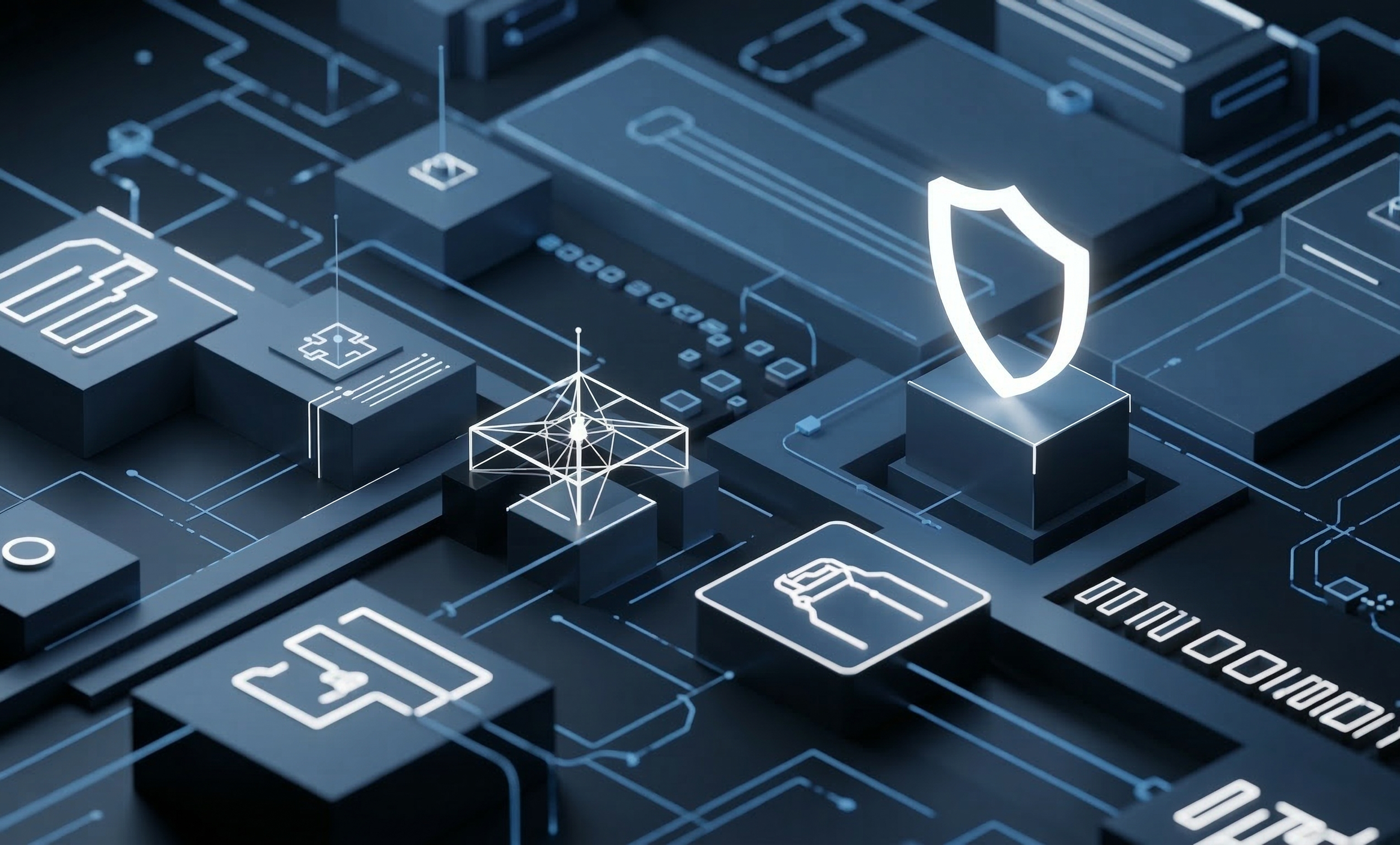 Digital illustration of cybersecurity, including a shield icon and interconnected circuit lines on a circuit board background.