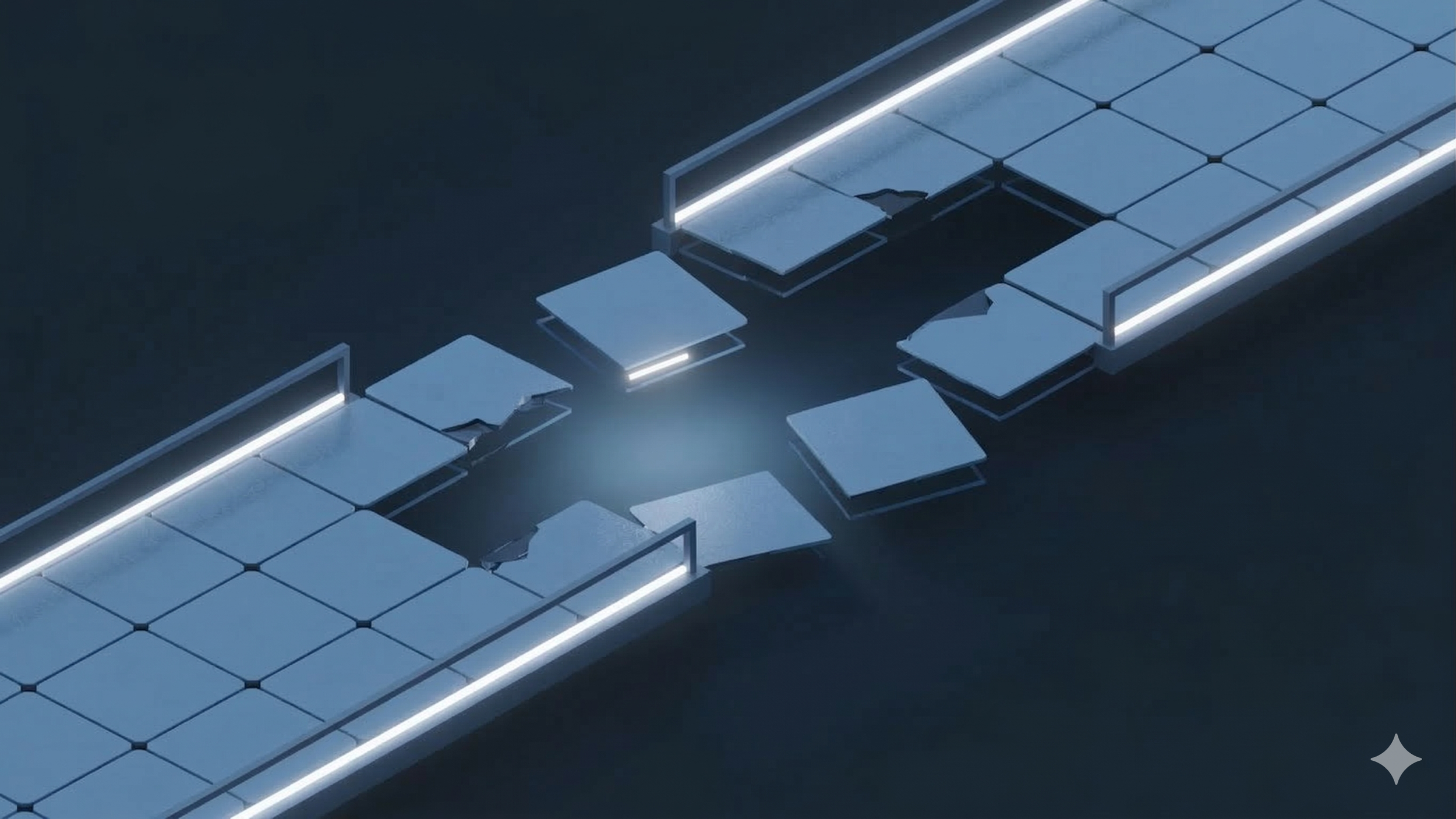 3D visualization of a digital pathway with missing glass tiles, representing data integrity risks and null values that break vector ingestion pipelines.