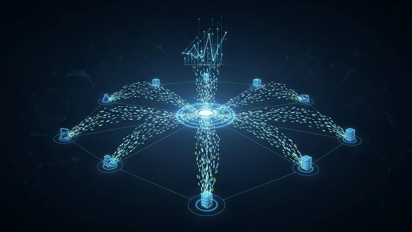 Network nodes converging into a central beam, illustrating intelligent log aggregation where millions of repetitive events are compressed into single summary metrics.