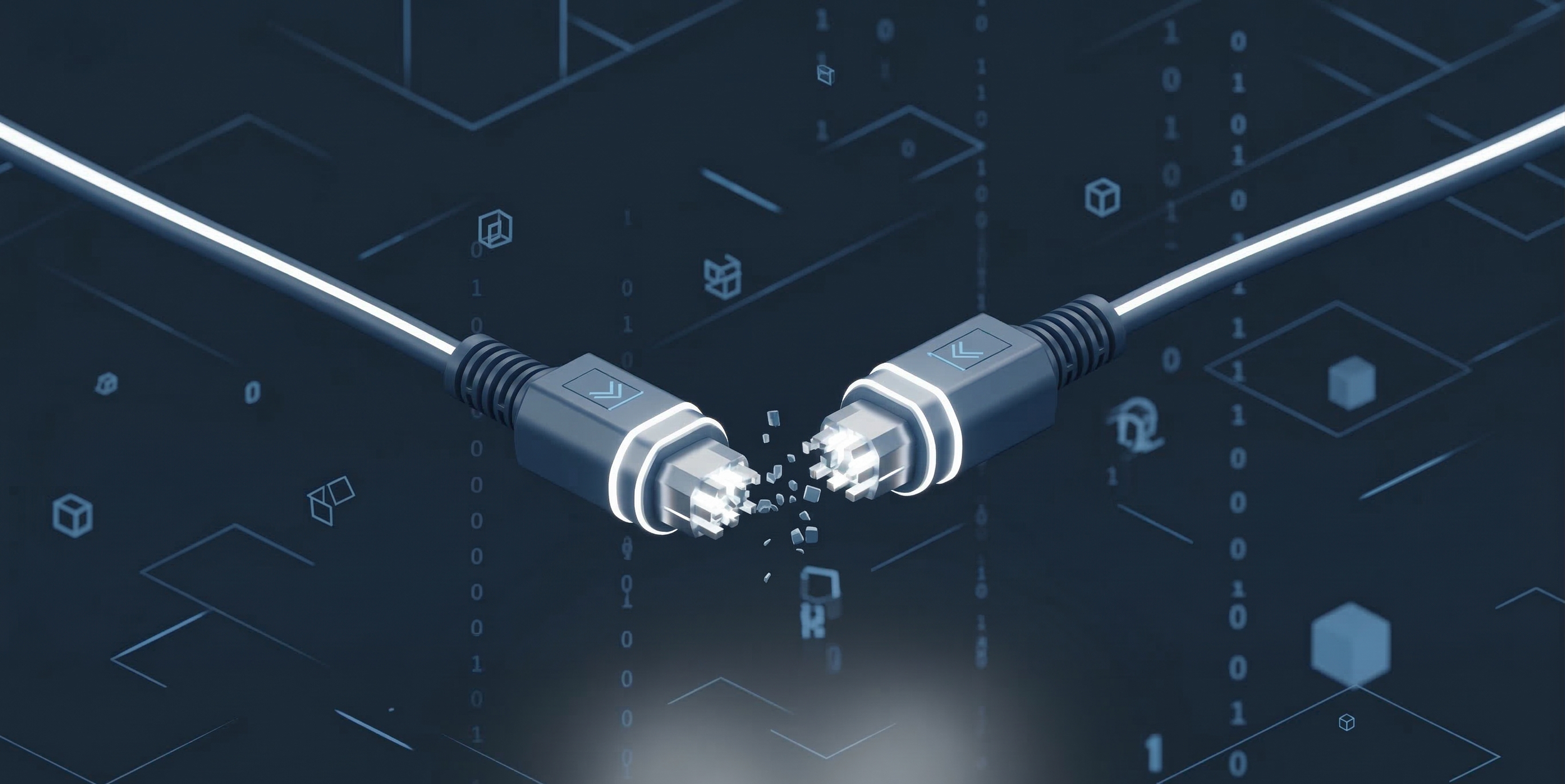 3D illustration of a broken digital cable connection, symbolizing the need of context and metadata in raw telemetry streams before AI ingestion.