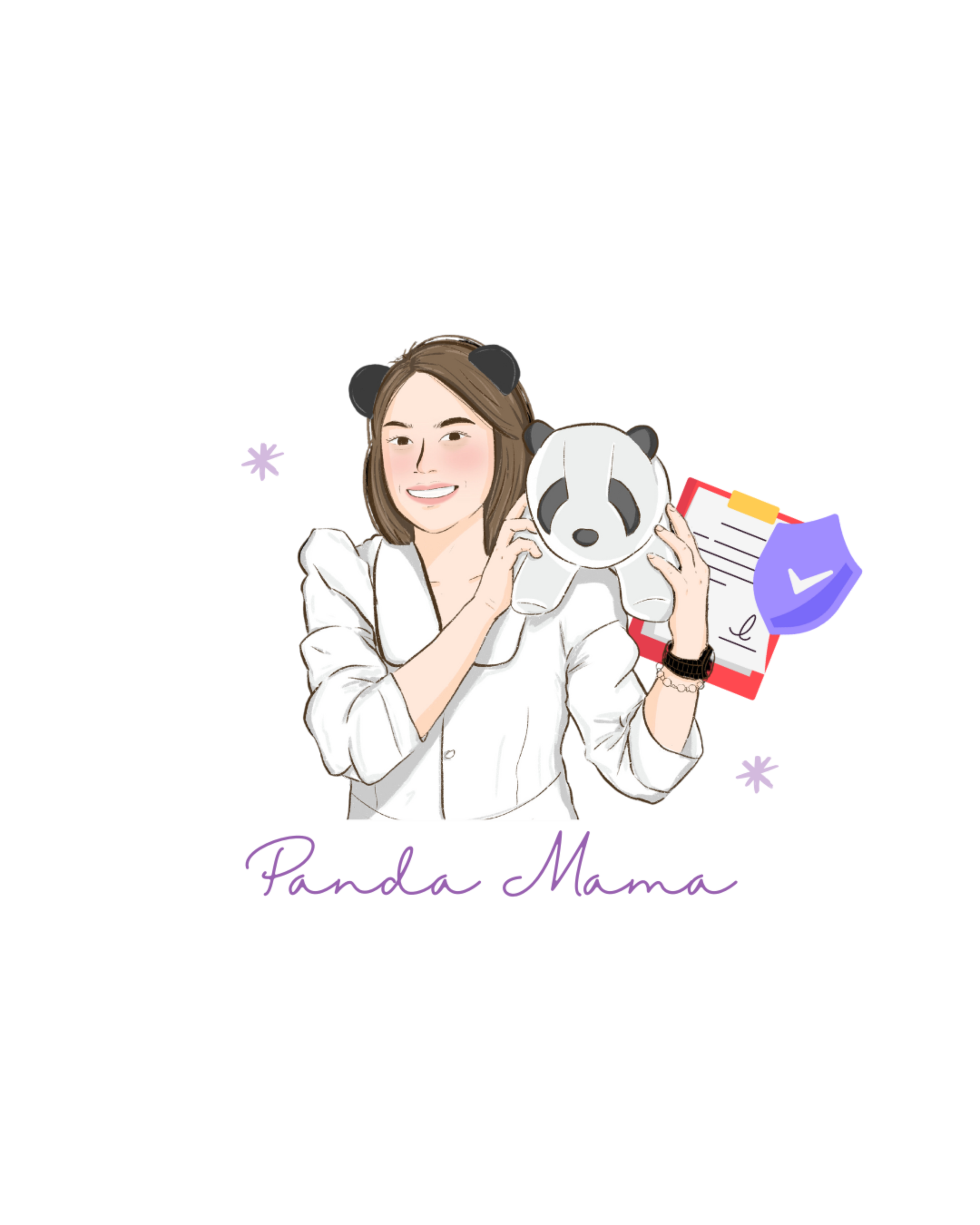 An illustration of a woman with brown hair wearing a white shirt and panda ears, holding a panda mask, with a clipboard and a blue cap on the desk in front of her, and the words 'Panda Mama' written in purple script.