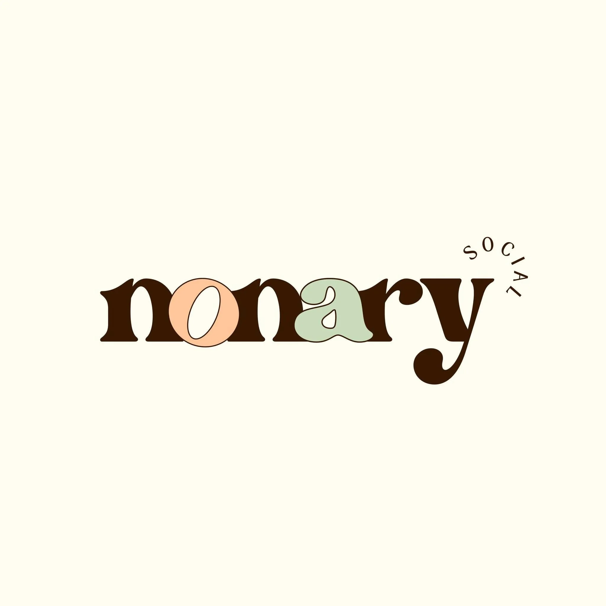 Stylized text reading 'nonary social' with the letters 'o', 'a', and 'r' in pastel colors, on a light beige background.