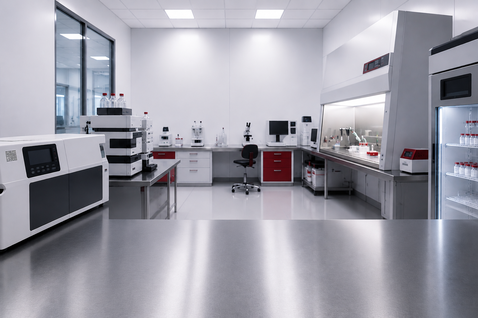 A modern medical peptide laboratory in the state of Texas (specifically Fort Worth) with white walls and countertops, various scientific equipment including machines, microscopes, and glassware, with red accents on cabinets and equipment.