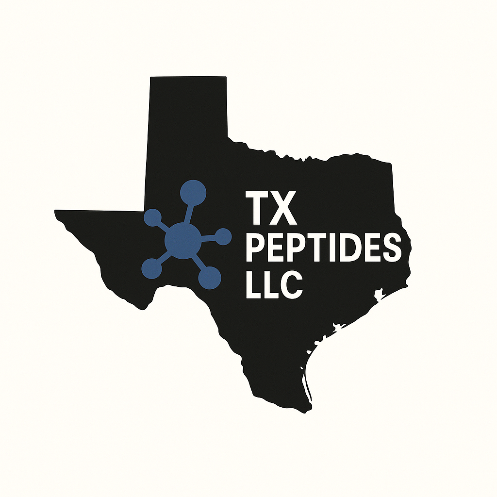Black silhouette of Texas map with white text 'TX Peptides LLC' and a blue molecular structure symbol.
