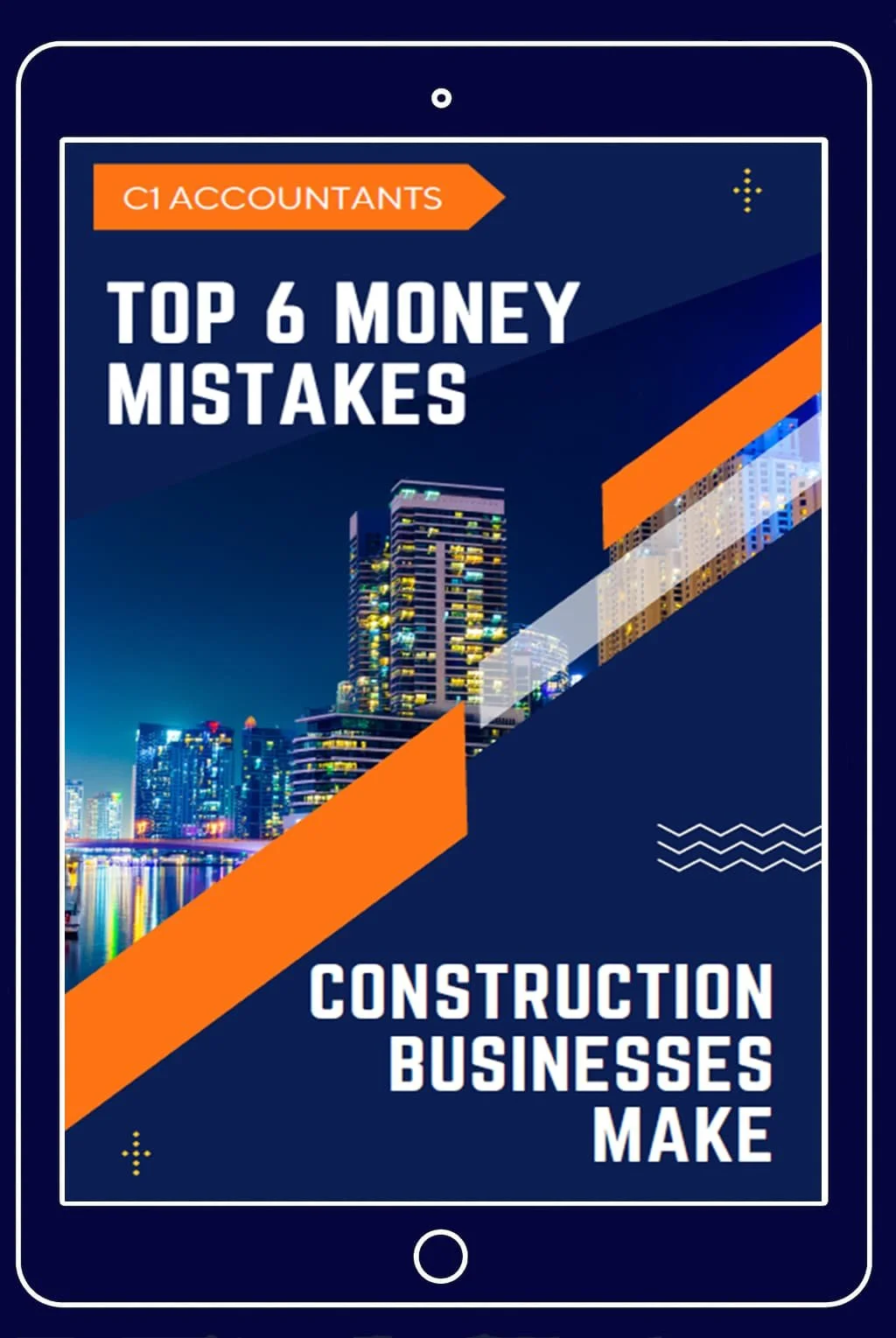 iPad displaying the free guide 'Top 6 Money Mistakes Construction Businesses Make' by Construction One Accountants, specialist accountants for construction companies