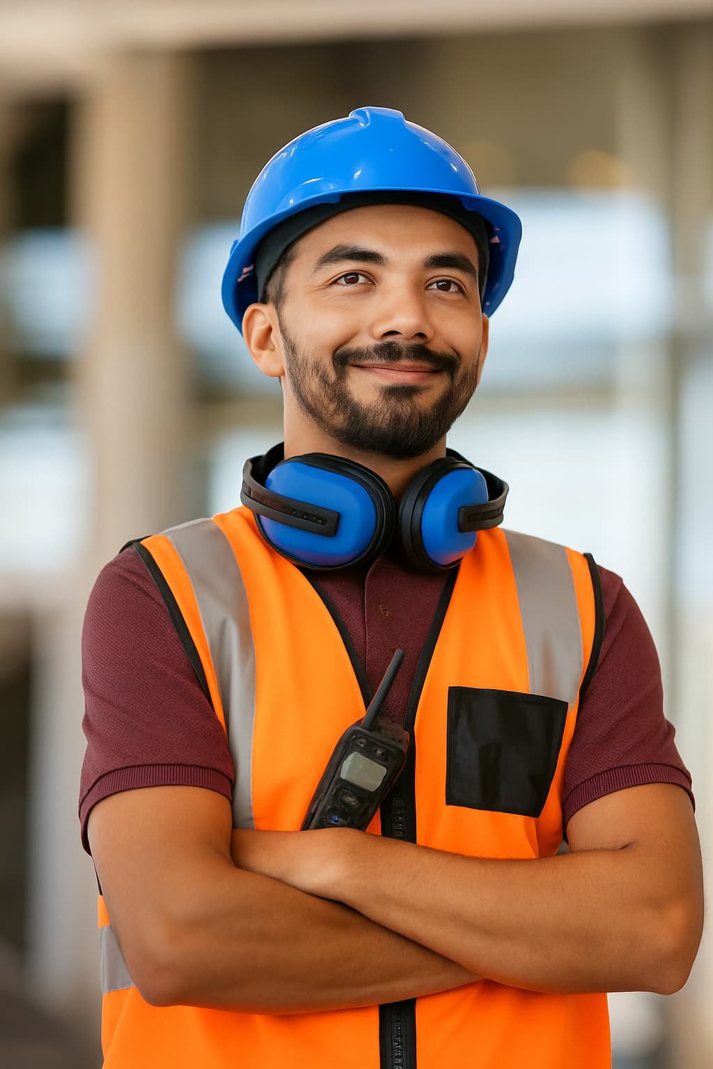 Smiling construction worker in a hard hat representing approachable accounting support for construction businesses