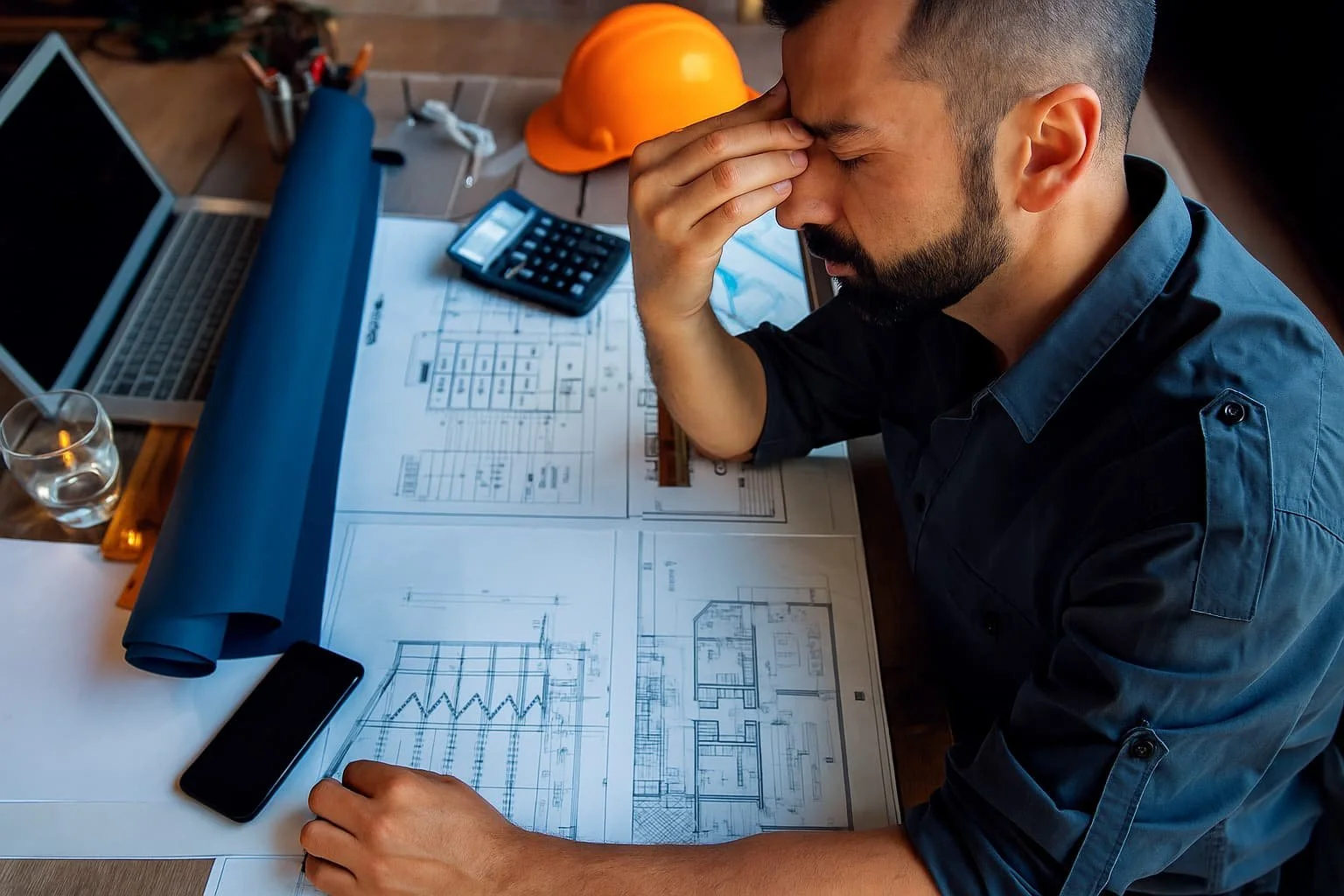 Stressed construction business owner reviewing blueprints, symbolising accounting and tax challenges in the construction industry