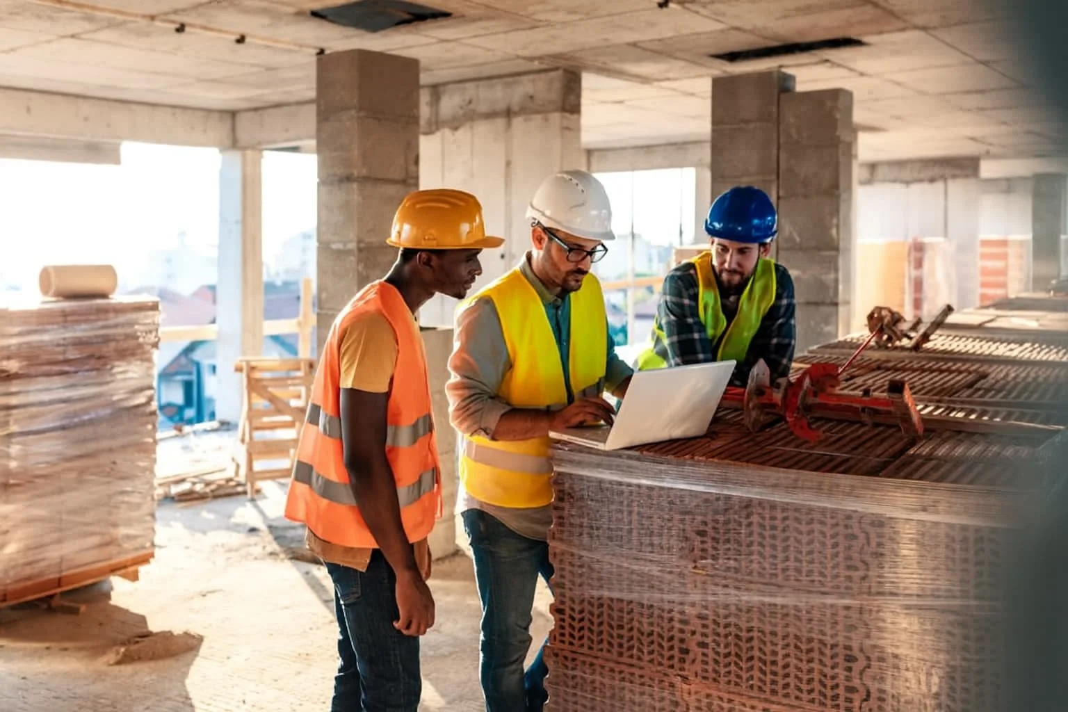 Construction site workers reviewing finances on a laptop, representing tax-saving advice from specialist construction accountants