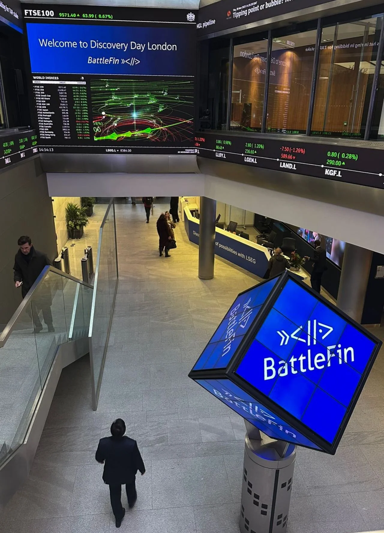 Inside a financial trading center at Discovery Day London, with electronic stock market screens displaying stock and index data, including FTSE 100 and world indices. There are people walking, a large digital sign reading 'BattleFin,' and a reception desk in the background.
