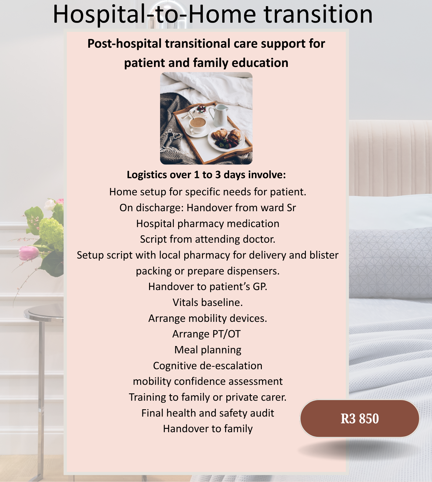 Poster titled 'Hospital-to-Home transition' detailing post-hospital care instructions, including logistics over 1 to 3 days, home setup, medication handovers, vital monitoring, mobility devices, meal planning, safety audits, and family training, with a price of R3 850.