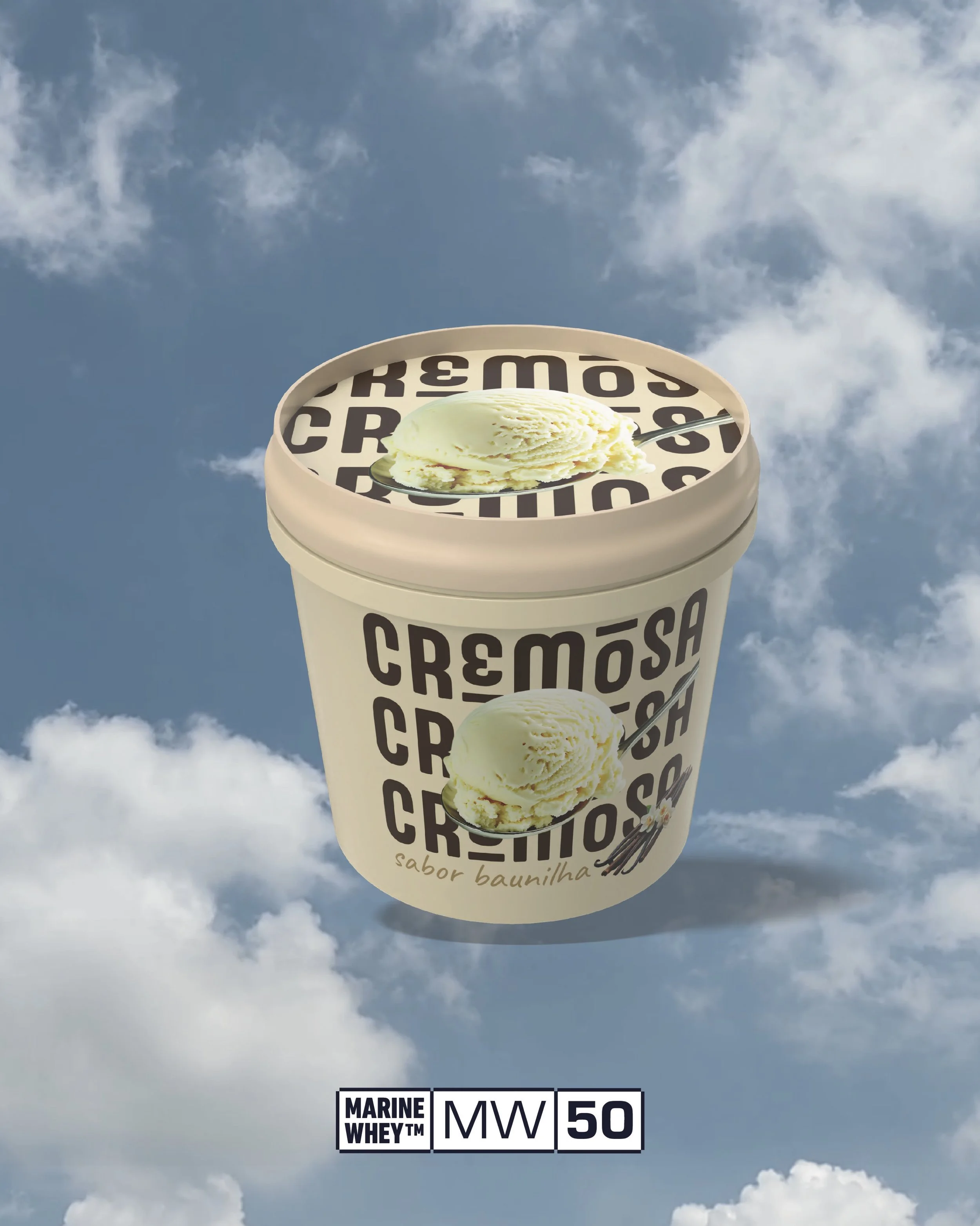 A container of vanilla ice cream floating in the sky with clouds, labeled 'Cremosa' and 'sabor baunilha'.