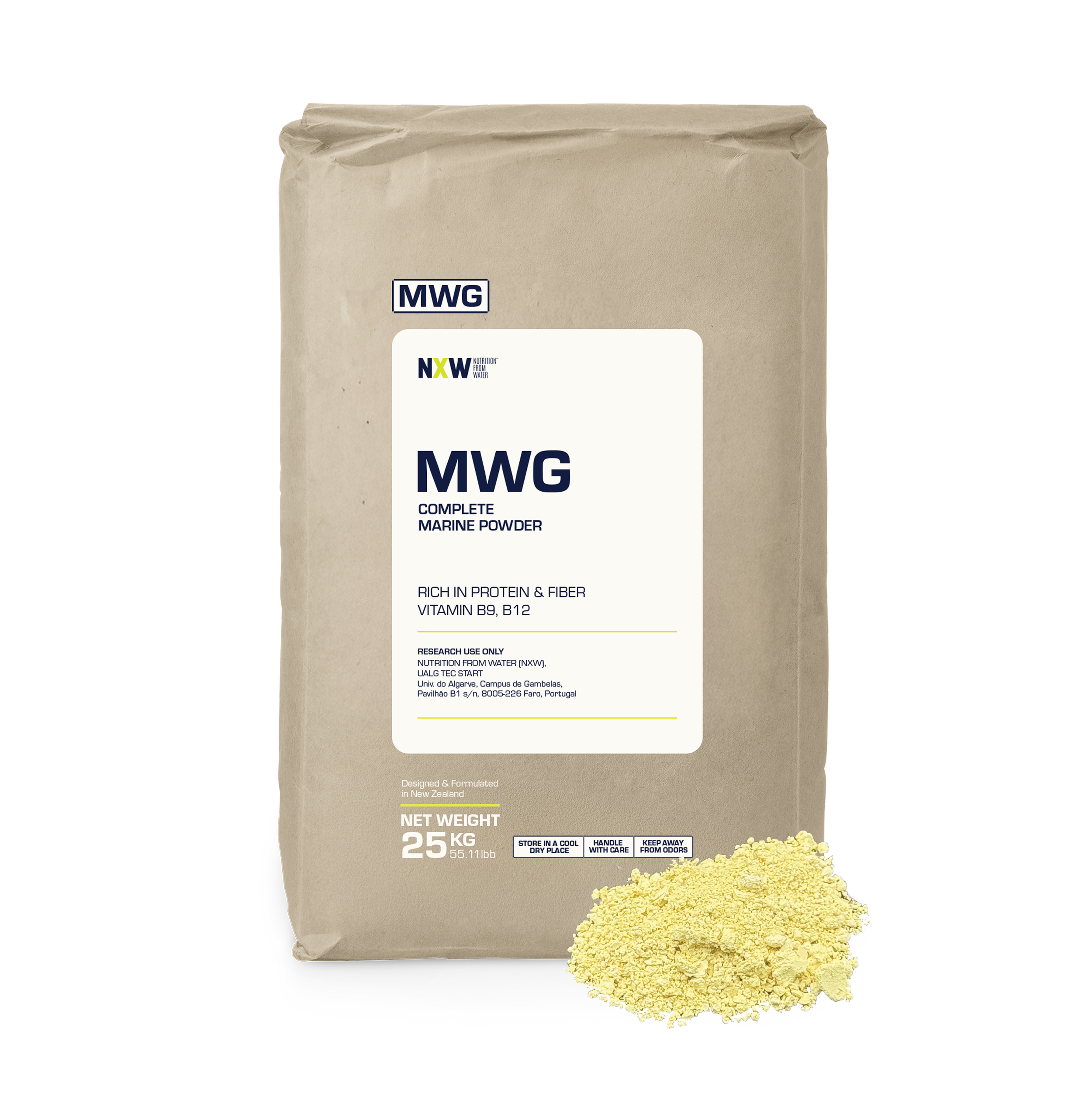A beige bag of Complete Marine Powder next to a small pile of yellow powder.