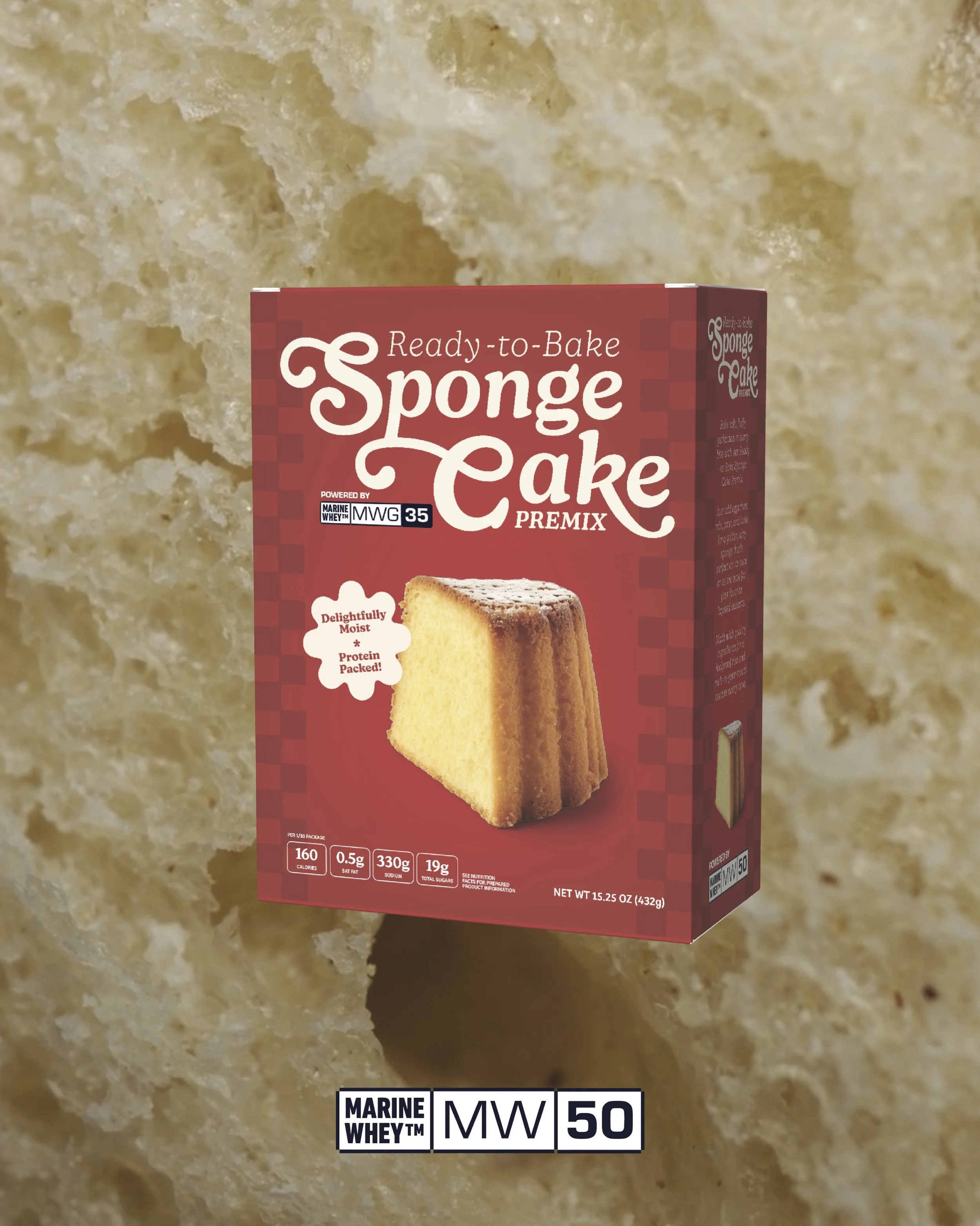 A box of ready-to-bake sponge cake premix with an image of a baked sponge cake on the front, set against a textured background resembling sponge cake interior.