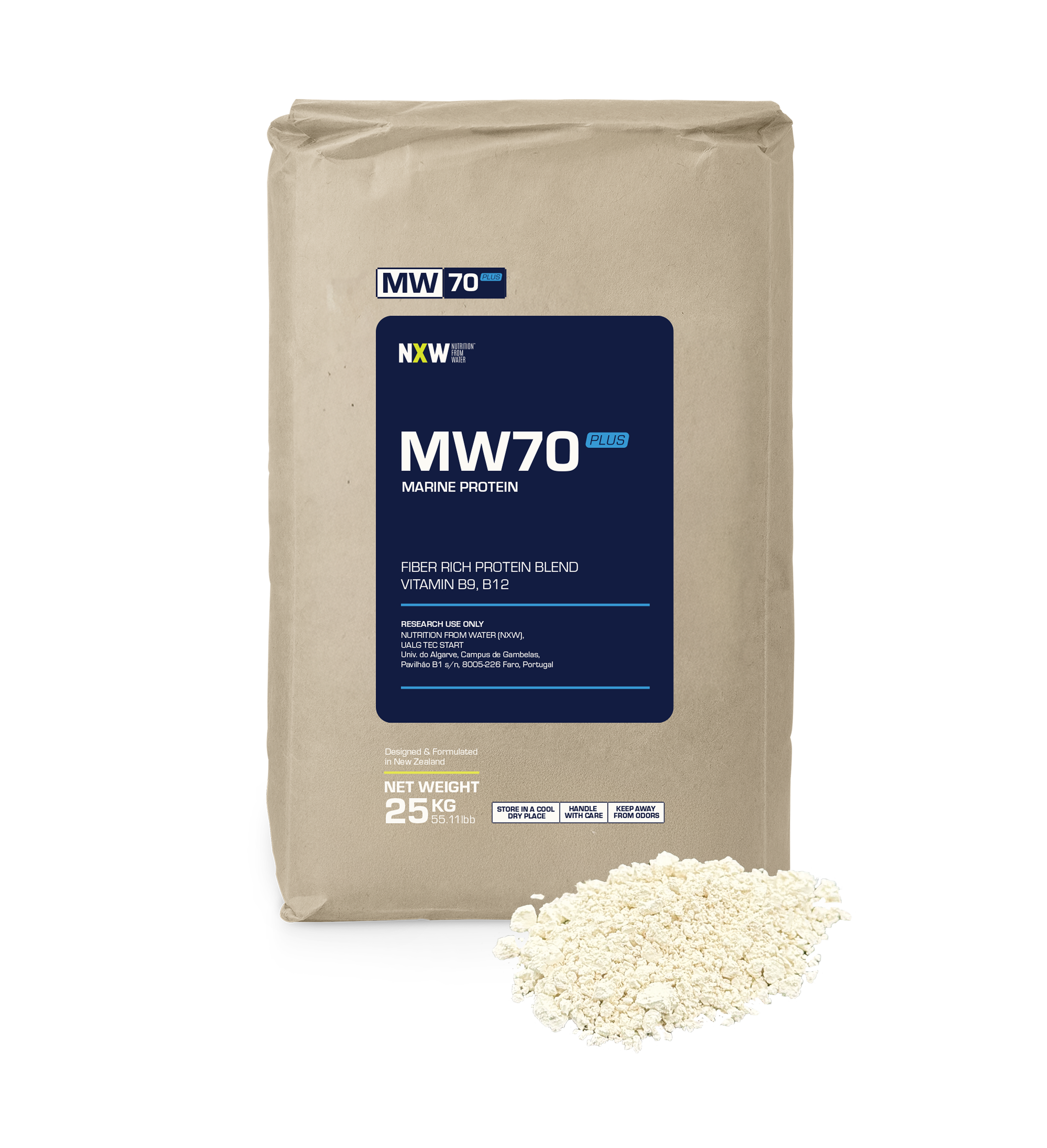 A beige bag of Marine Protein blend next to a small pile of white powder.