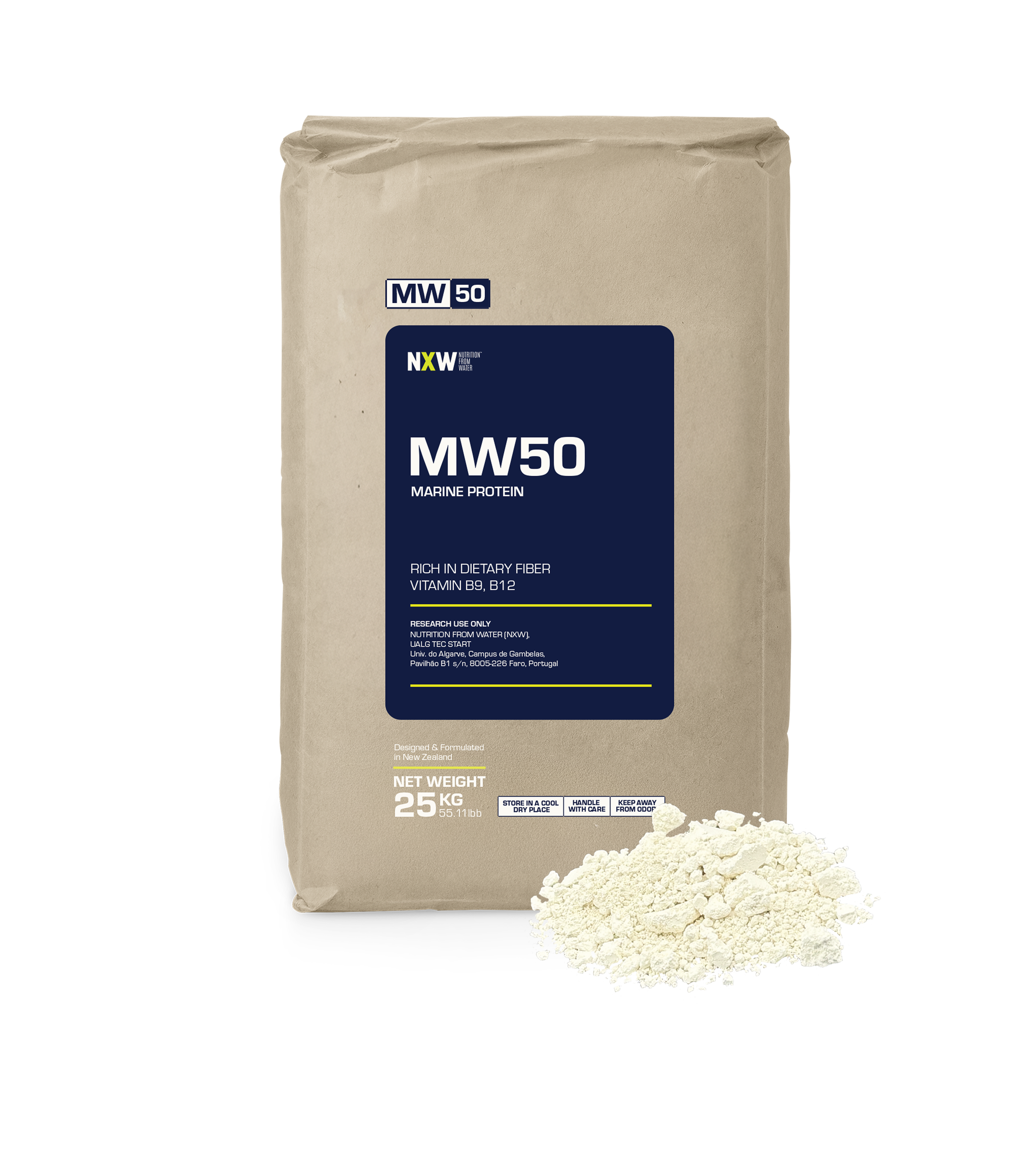 A beige bag of Marine Protein next to a small pile of white powder.