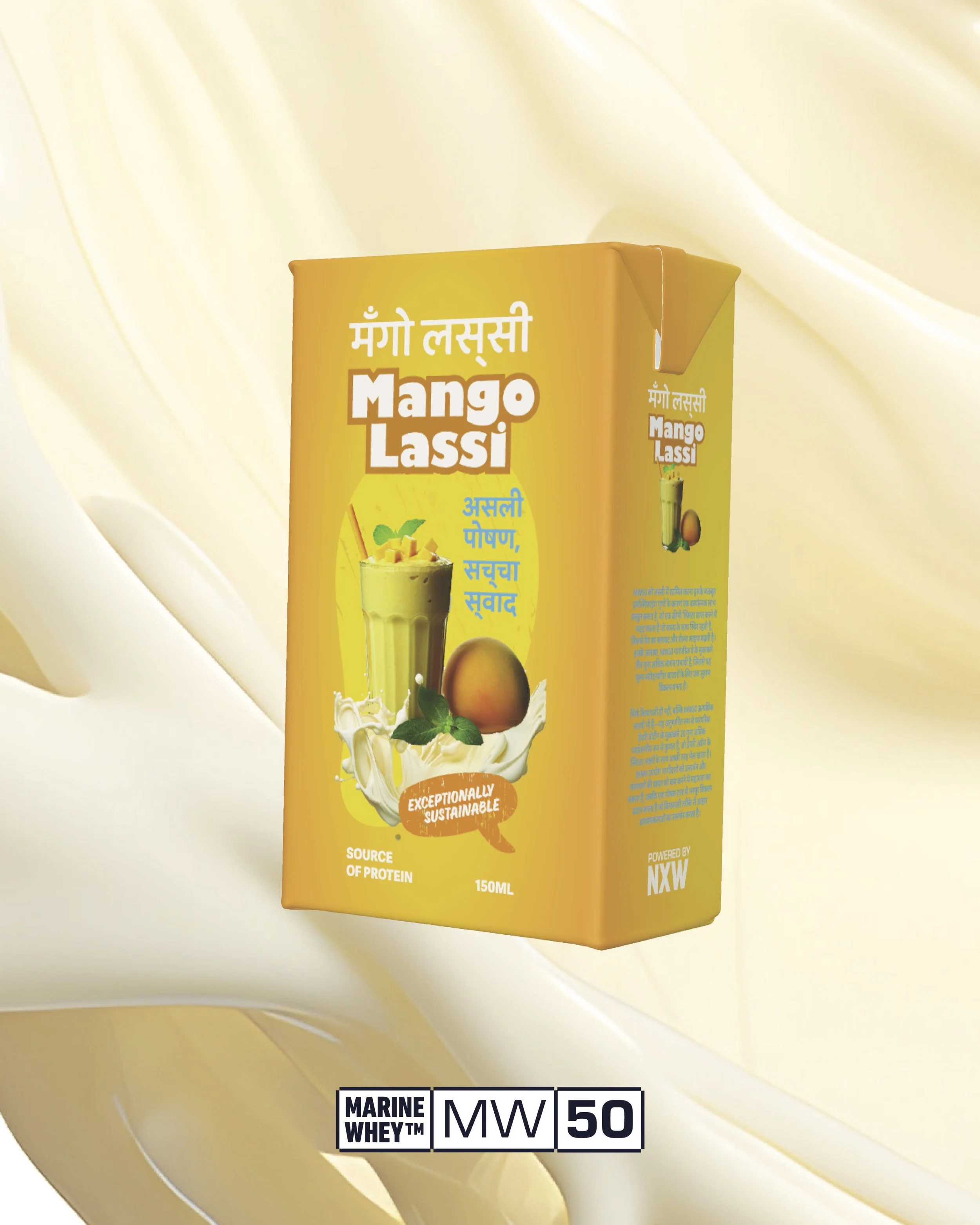 A yellow carton of Mango Lassi drink with text in Hindi and English, showing an image of a glass of mango lassi with a mango and milk splash background.